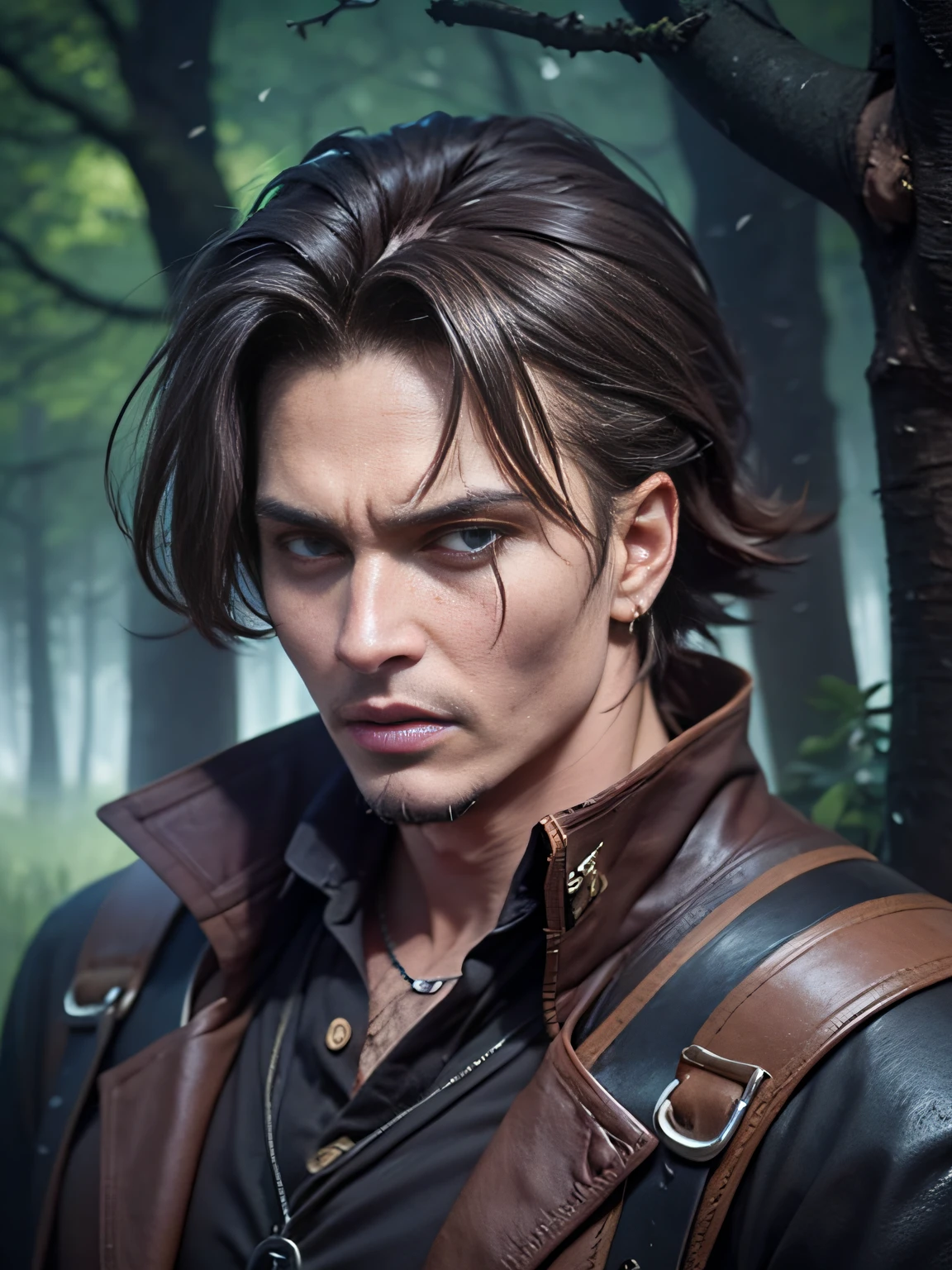 35-year-old man,a handsome,woods, It's dark night, Roasted game, Undead Hunter, Serious, Johnny Depp (A detailed eye:1.3),BazleColor Eye,full bodyesbian
