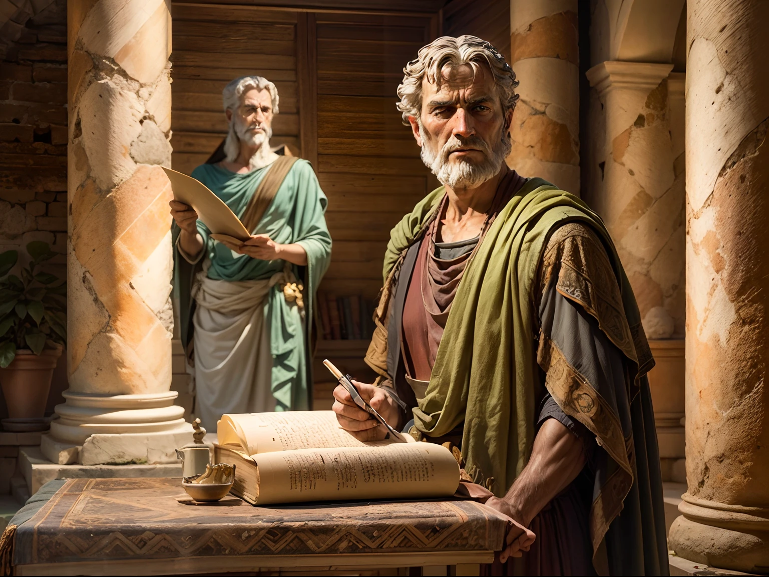 Seneca, 1st century Roman villa, holding a scroll, stoic expression, historical portrait, Roman art, natural lighting, earthy colors, rough brushstrokes, simple details, marble columns, warm sunlight, wooden furniture, serene atmosphere, curious visitors, philosophical ambiance, Roman architecture, classical sculptures, modest clothing, dignified atmosphere, wise expression