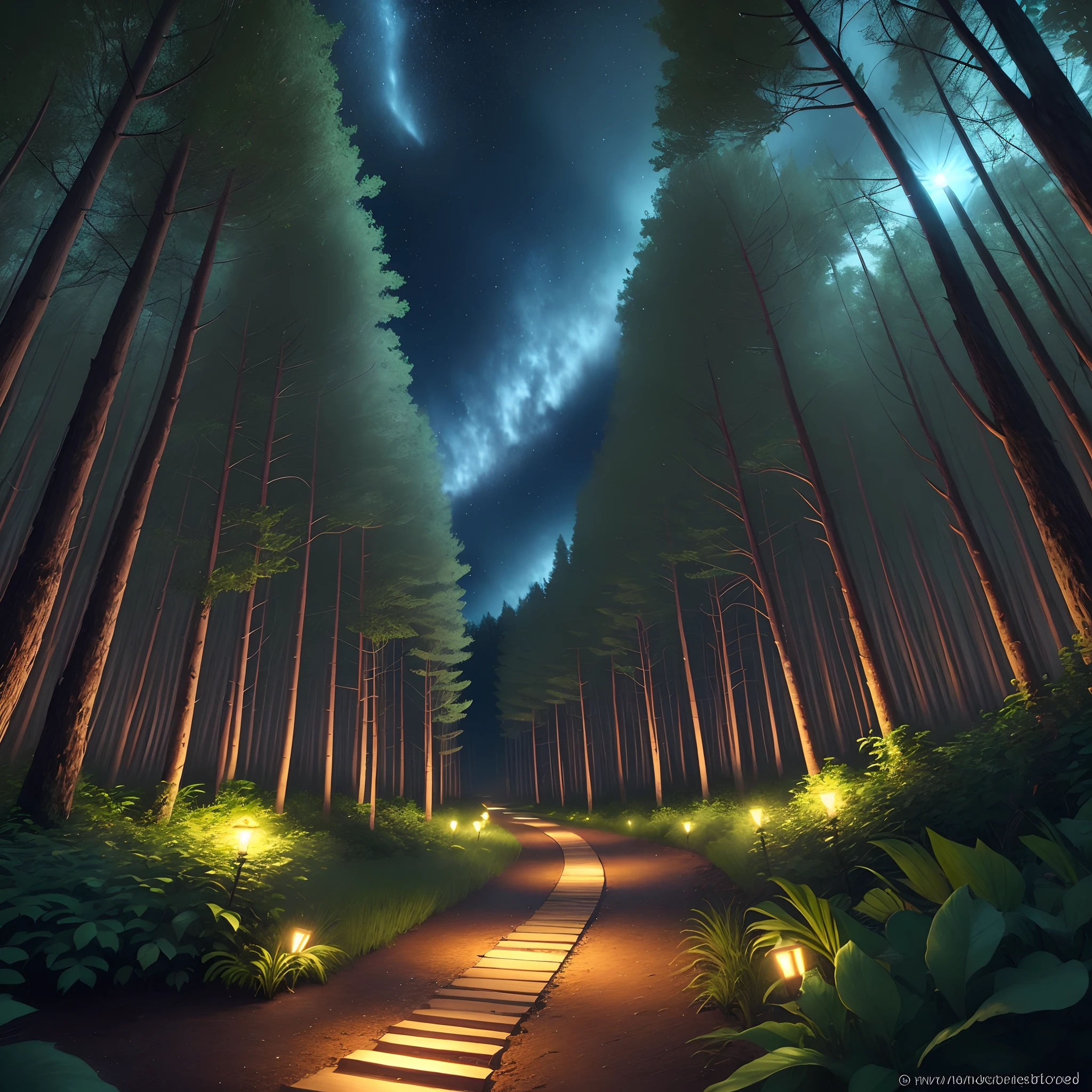 Imagine paradise forest at night with a mysterious trail
