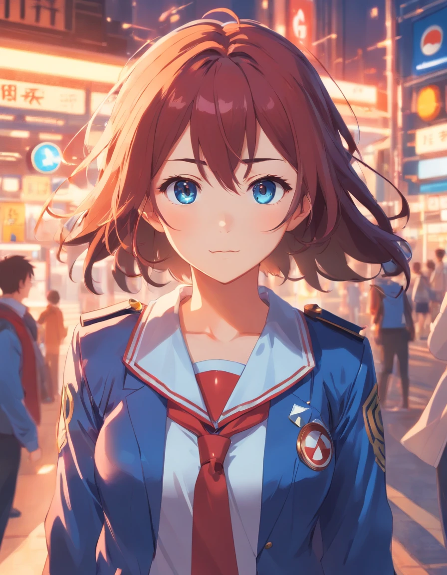 obra maestra, alta calidad, 4k, hd, chica colegiala con uniforme azul y blanco, pelo corto color rojo, y boina azul, linda anime