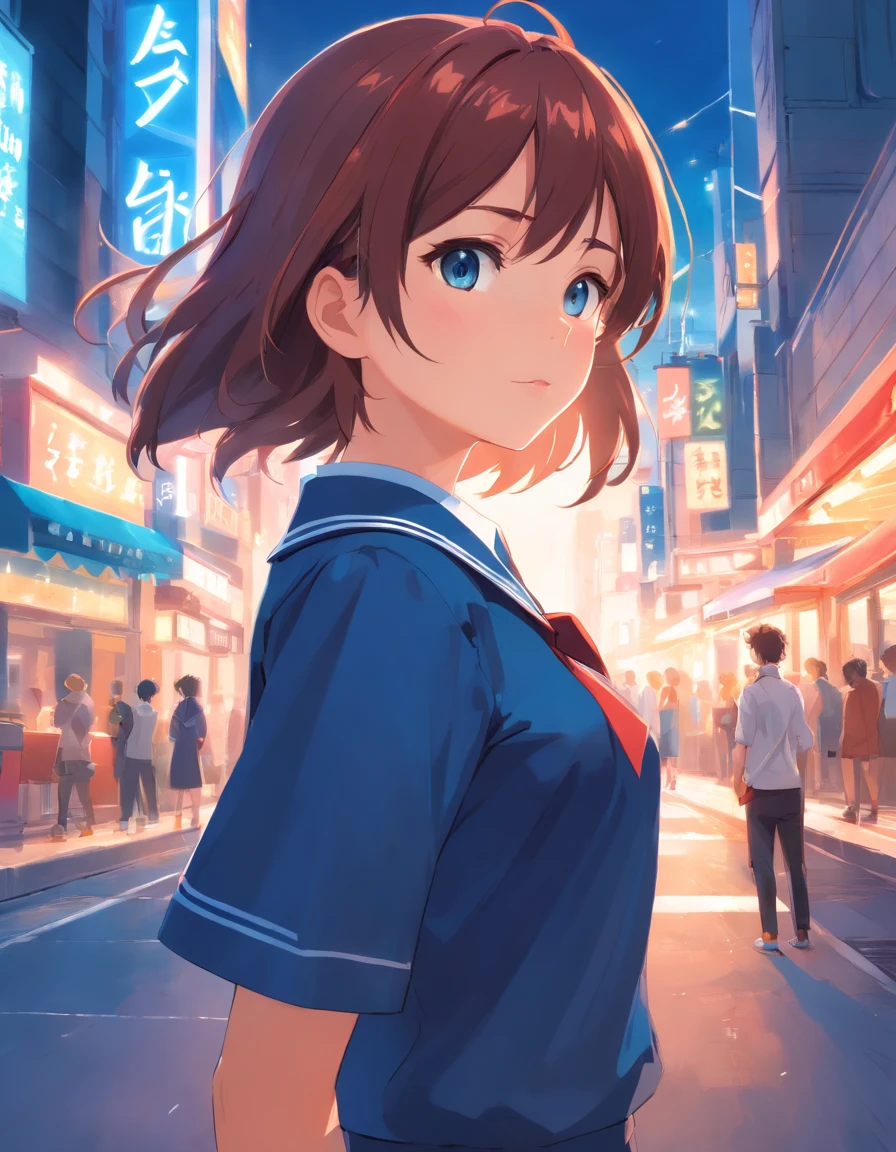 obra maestra, alta calidad, 4k, hd, chica colegiala con uniforme azul y blanco, pelo corto color rojo, y boina azul, linda anime