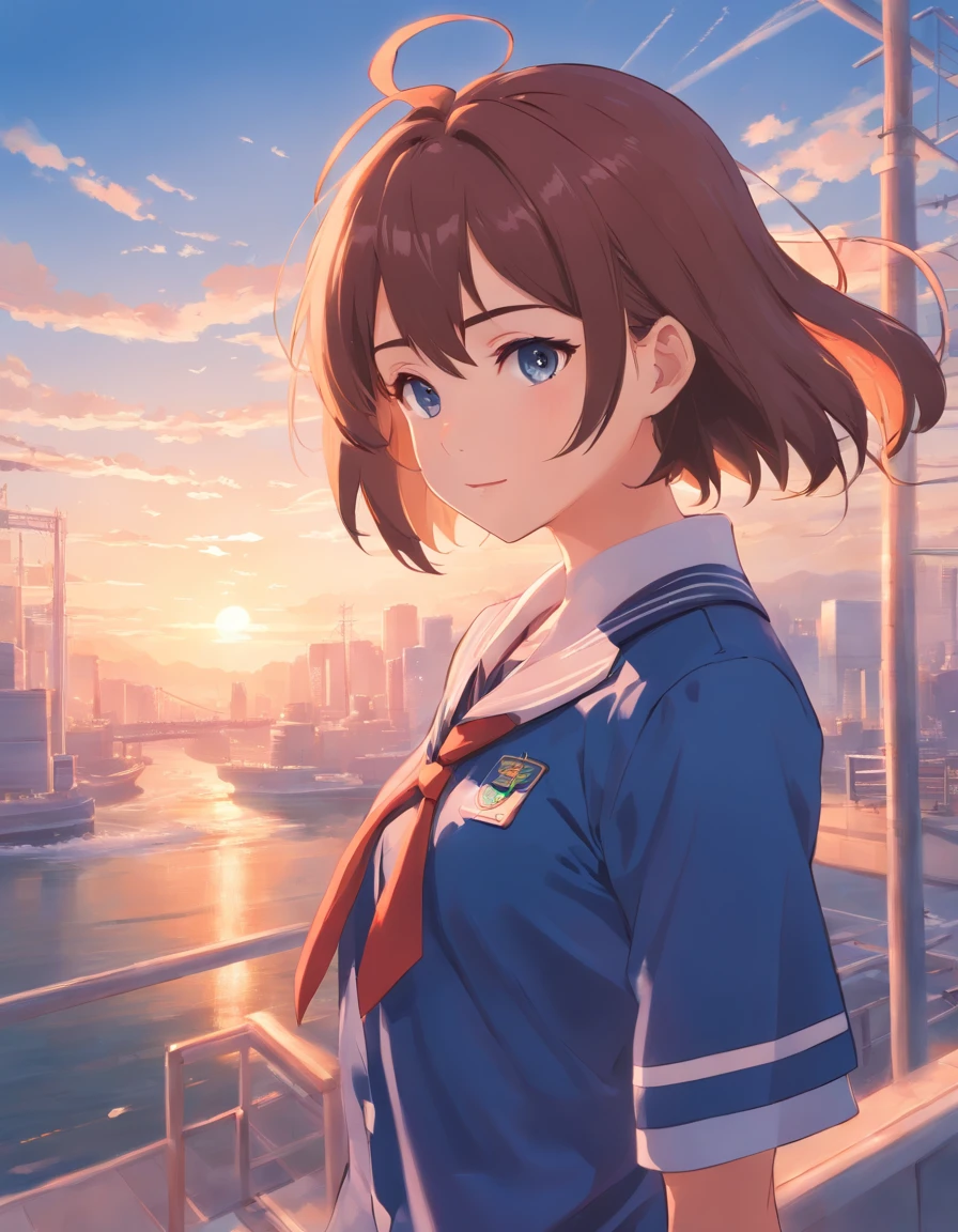 obra maestra, alta calidad, 4k, hd, chica colegiala con uniforme azul y blanco, pelo corto color rojo, y boina azul, linda anime