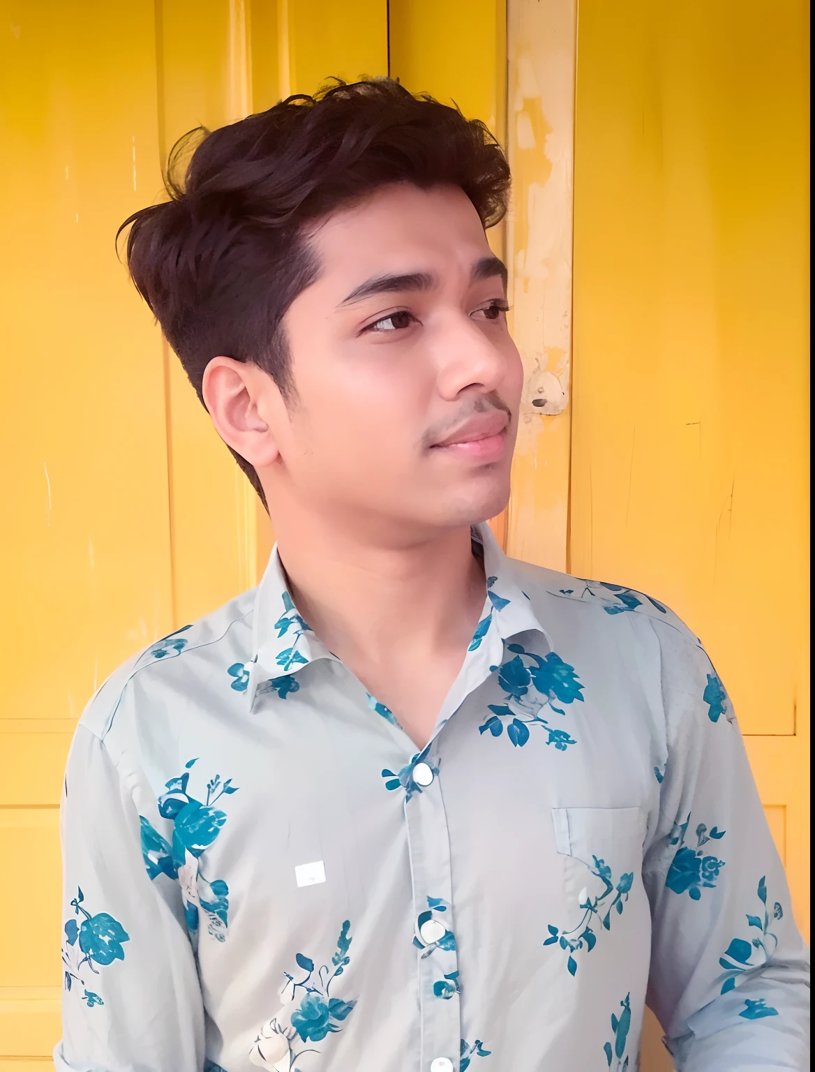 there is a man standing in front of a yellow door, jayison devadas, with accurate face, ayan nag, facebook profile picture, candid photo, around 1 9 years old, candid picture, vinayak, with lovely look, jayison devadas style, inspired by Bikash Bhattacharjee, johnatan wayshak, inspired by Saurabh Jethani