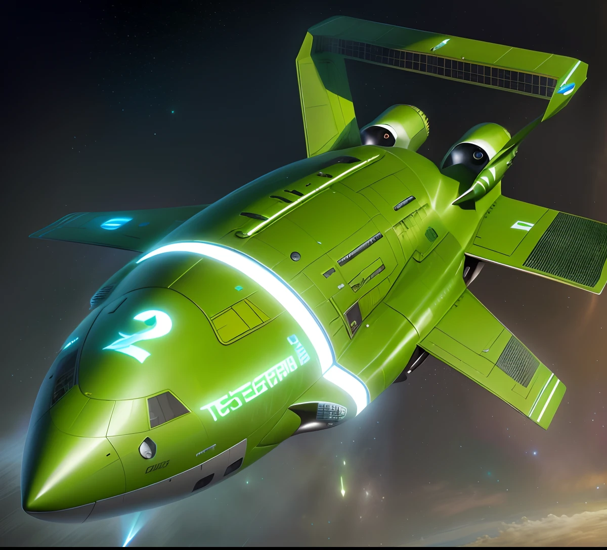 A closeup of a model of a green airplane with a number 2 on it, Thunderbird 2, duck themed spaceship, nave espacial em forma de pato, Thunderbirds, Tem seis propulsores na parte traseira, Arte conceitual da Lockheed, Fallout airplane concept art, nave espacial fantasia dos desenhos animados, retro sci-fi spaceship, Described as a 3D rendering, Arte conceitual da Boeing, raio