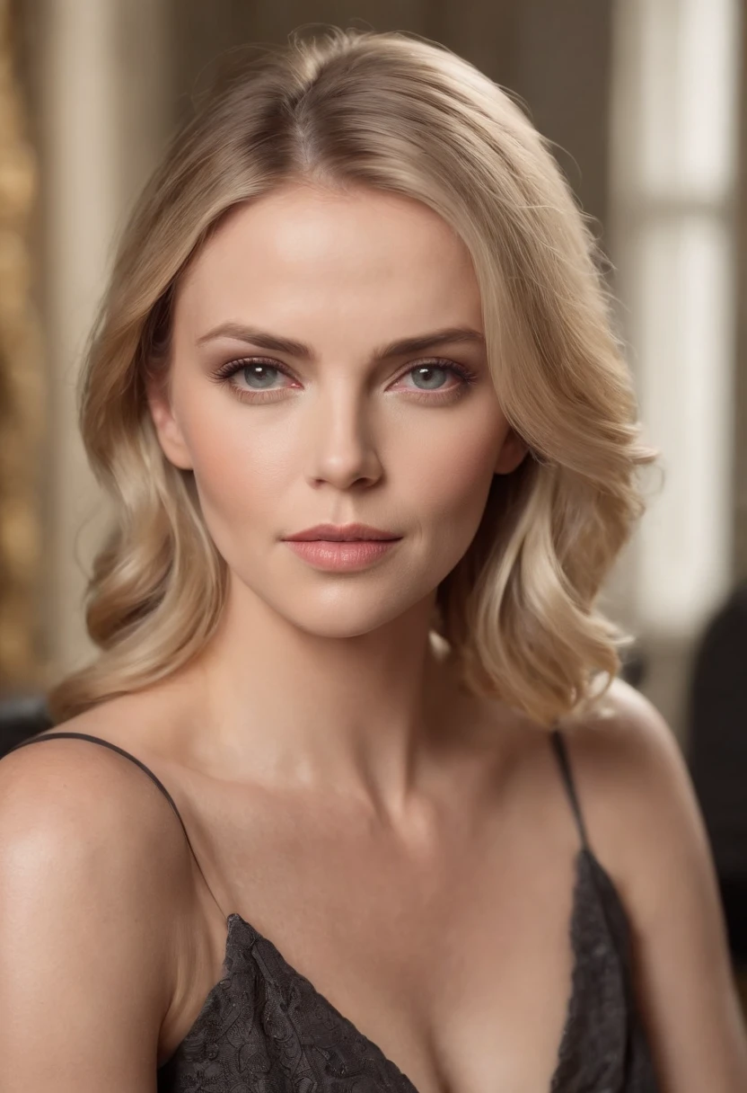 charlise Theron,professional translator with blonde hair ,beautiful detailed eyes,beautiful detailed lips,extremely detailed eyes and face,long eyelashes,medium:charcoal drawing,[determined expression],[wavy hair],[holding a book],[sitting at a desk],best quality,realistic,portrait,warm color tones,soft lighting