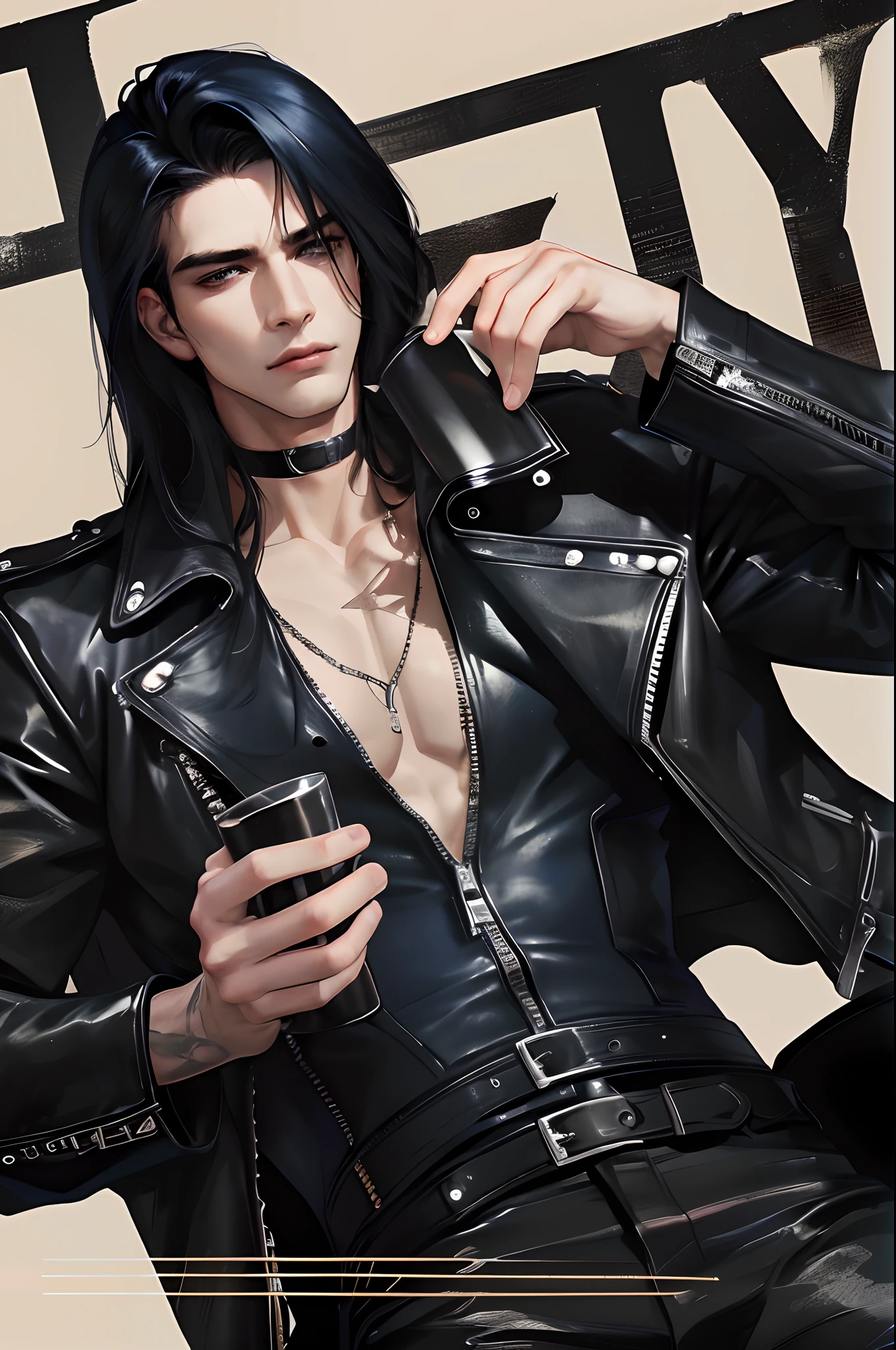 cover for a book, photography of a heavy metal star, a solo man, (((man))), (masculine face), 25 years old, singer, bad boy, (black eyes), expressive look, long dark blue black hair, (((bar background))), straight hair, blueshine hair, unshaven, black leather jacket, long sleve jacket, leather pants, chest tattoo, super detailed face, perfect body, perfect shapes, realistic image, award winning photography, 8k,