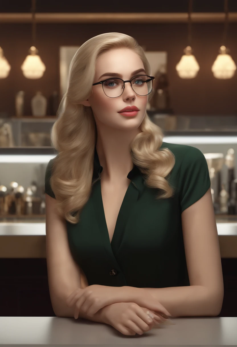 a girl with blonde hair, green eyes, and wearing glasses is sitting behind a counter wearing formal clothes, elegant, detailed eyes, detailed lips, extremely detailed face, long eyelashes, high-quality rendering, ultra-detailed, photorealistic, best quality, 4k, highres, masterpiece:1.2, studio lighting, vivid colors, fine painting, beautiful background, stylish, confident expression, professional, sophisticated, fashionable glasses, neat and tidy hair, shiny blonde hair, a well-lit and organized counter, a variety of formal clothing on display, elegant and detailed counter decorations, a calm and peaceful atmosphere