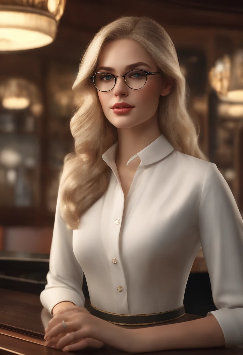 a girl with blonde hair, green eyes, and wearing glasses is sitting behind a counter wearing formal clothes, elegant, detailed eyes, detailed lips, extremely detailed face, long eyelashes, high-quality rendering, ultra-detailed, photorealistic, best quality, 4k, highres, masterpiece:1.2, studio lighting, vivid colors, fine painting, beautiful background, stylish, confident expression, professional, sophisticated, fashionable glasses, neat and tidy hair, shiny blonde hair, a well-lit and organized counter, a variety of formal clothing on display, elegant and detailed counter decorations, a calm and peaceful atmosphere