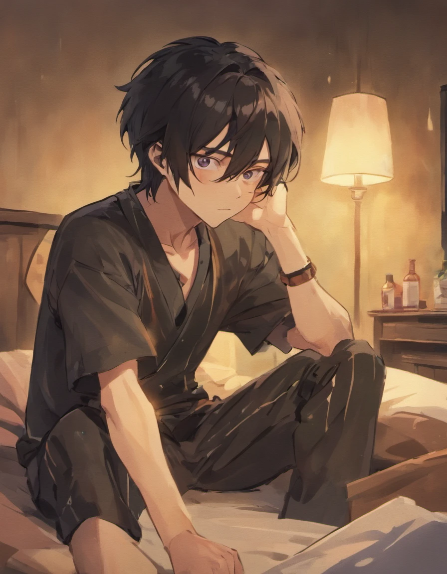 Sad middle aged man. He looks around his mid forties. He has really long black hair and a beard. Hes crying while sitting on his bed in pyjamas. Hes holding a beer bottle. He has eye bags.. Detailed and follows the prompt