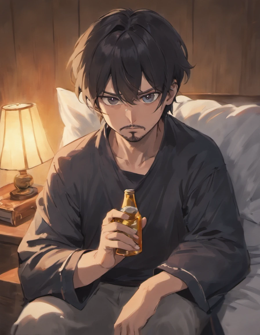 Sad middle aged man. He looks around his mid forties. He has really long black hair and a beard. Hes crying while sitting on his bed in pyjamas. Hes holding a beer bottle. He has eye bags.. Detailed and follows the prompt