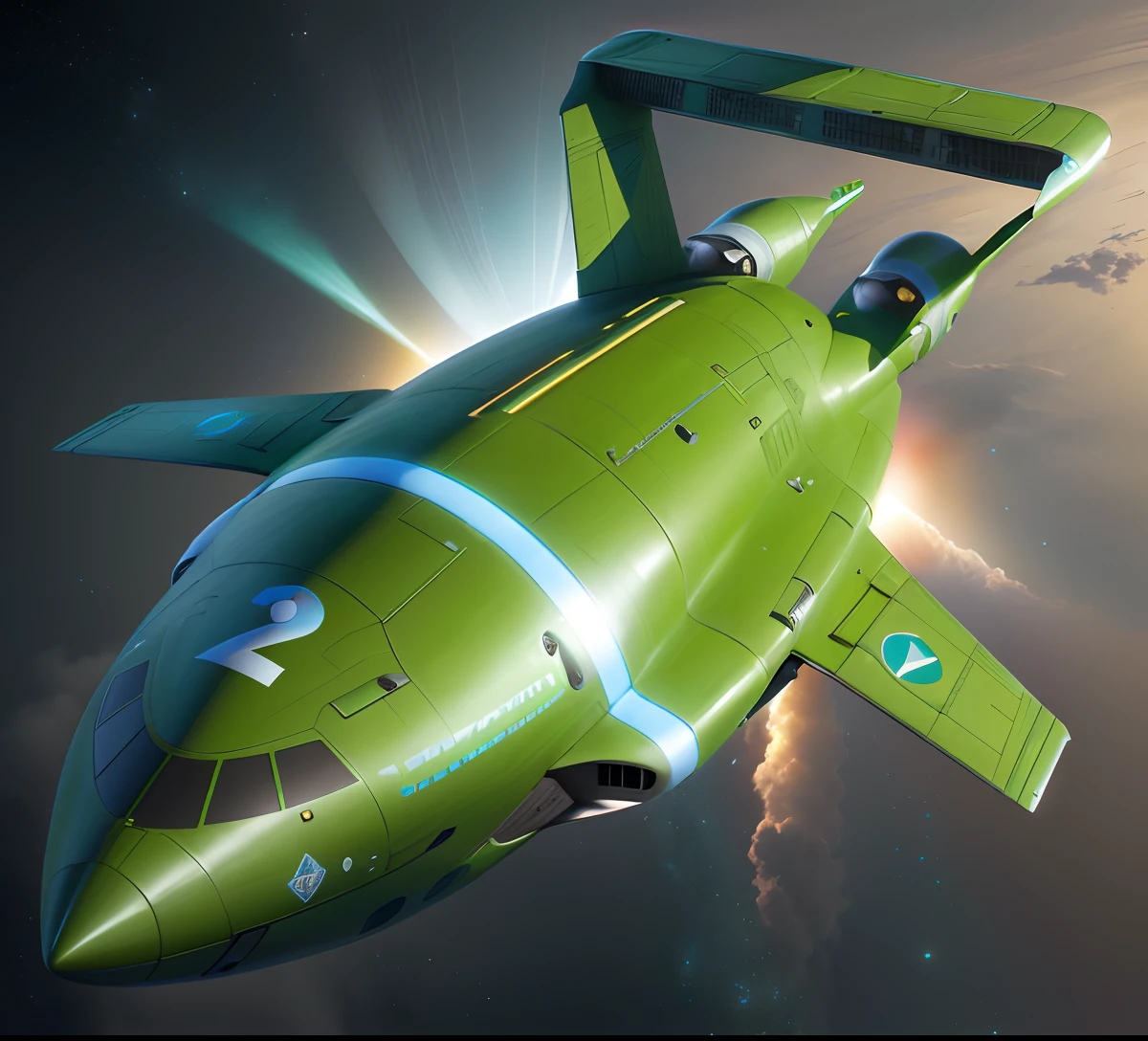 A closeup of a model of a green airplane with a number 2 on it, Thunderbird 2, duck themed spaceship, nave espacial em forma de pato, Thunderbirds, Tem seis propulsores na parte traseira, Arte conceitual da Lockheed, Fallout airplane concept art, nave espacial fantasia dos desenhos animados, retro sci-fi spaceship, Described as a 3D rendering, Arte conceitual da Boeing, raio