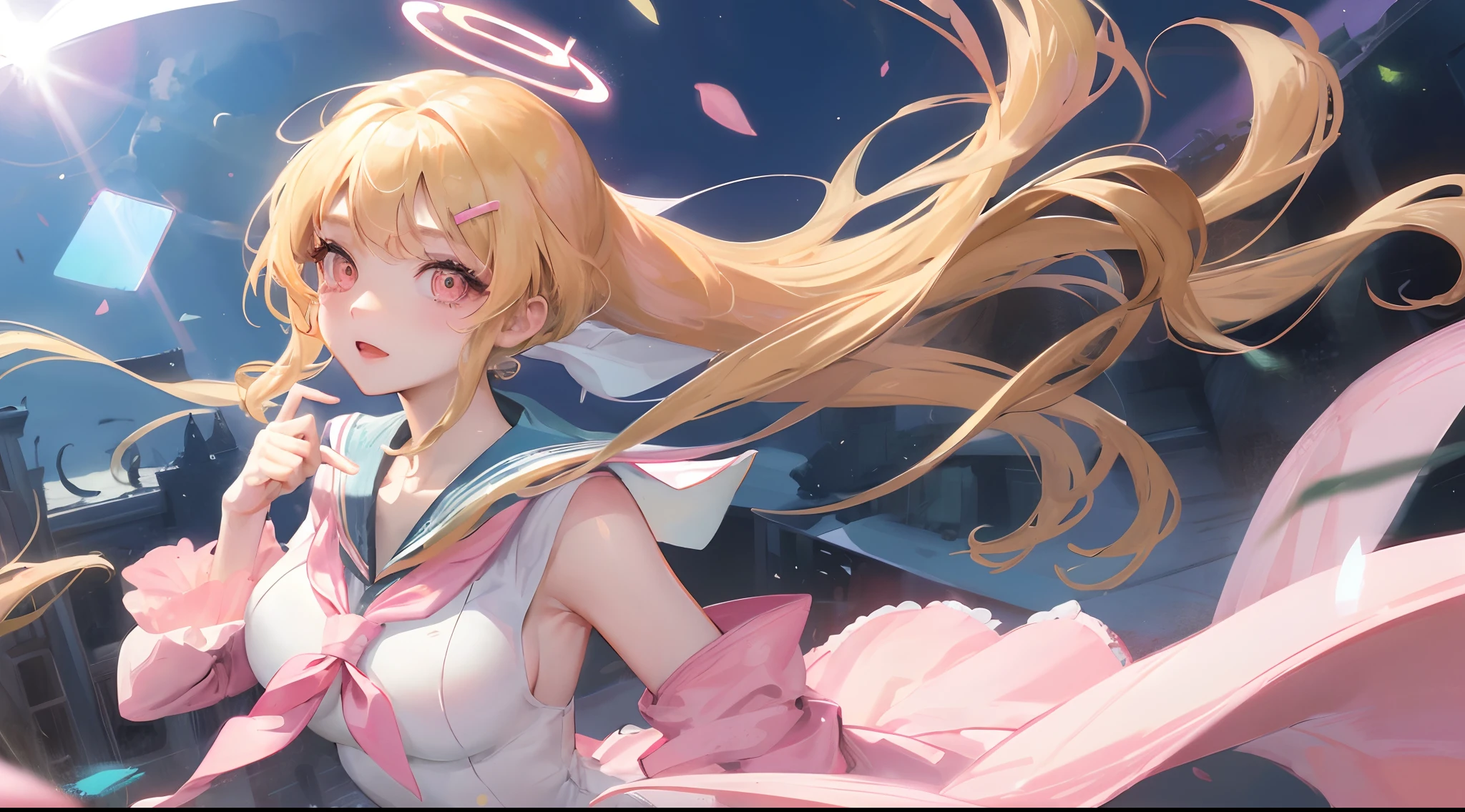 1 girl, blonde hair, blonde woman, hairlong, bright pink eyes, pastel colours, cute hairpins on hair and clothes,(((Pink sailor suit))), large breasts, Halo, angel wings, the wind, looking a viewer, lens flare