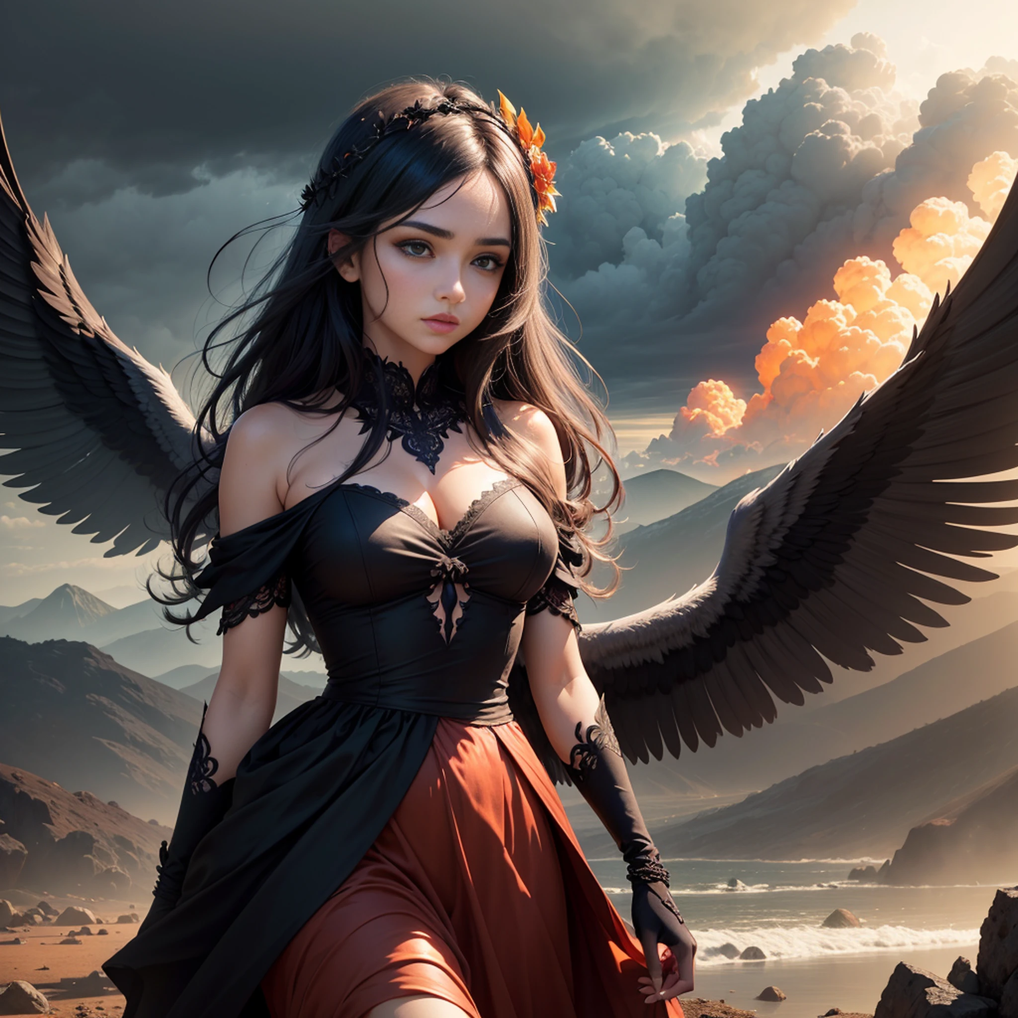 Anjo da morte,asas pegando fogo, destruindo a terra,corpos espalhados, The composition should focus on the goddess in the foreground, emphasizing his facial expression and wings, incorporating a panoramic view that shows the devastated landscape of the city and a stormy sky with distant rays. Melhore a imagem com contrastes que destacam a natureza dual da deusa, and experiment with lighting effects to create a mysterious aura around you. Integrate subtle details of ruined buildings, reflexos de chamas em seus olhos e asas, Swirling smoke, and distant silhouettes of mythical creatures on the horizon. The resolution should be 3000x2000 pixels with a dark color palette, tons dessaturados com detalhes em vermelho e laranja intensos. Use a mix of textured and soft brushes for intricate detail and atmospheric effects.