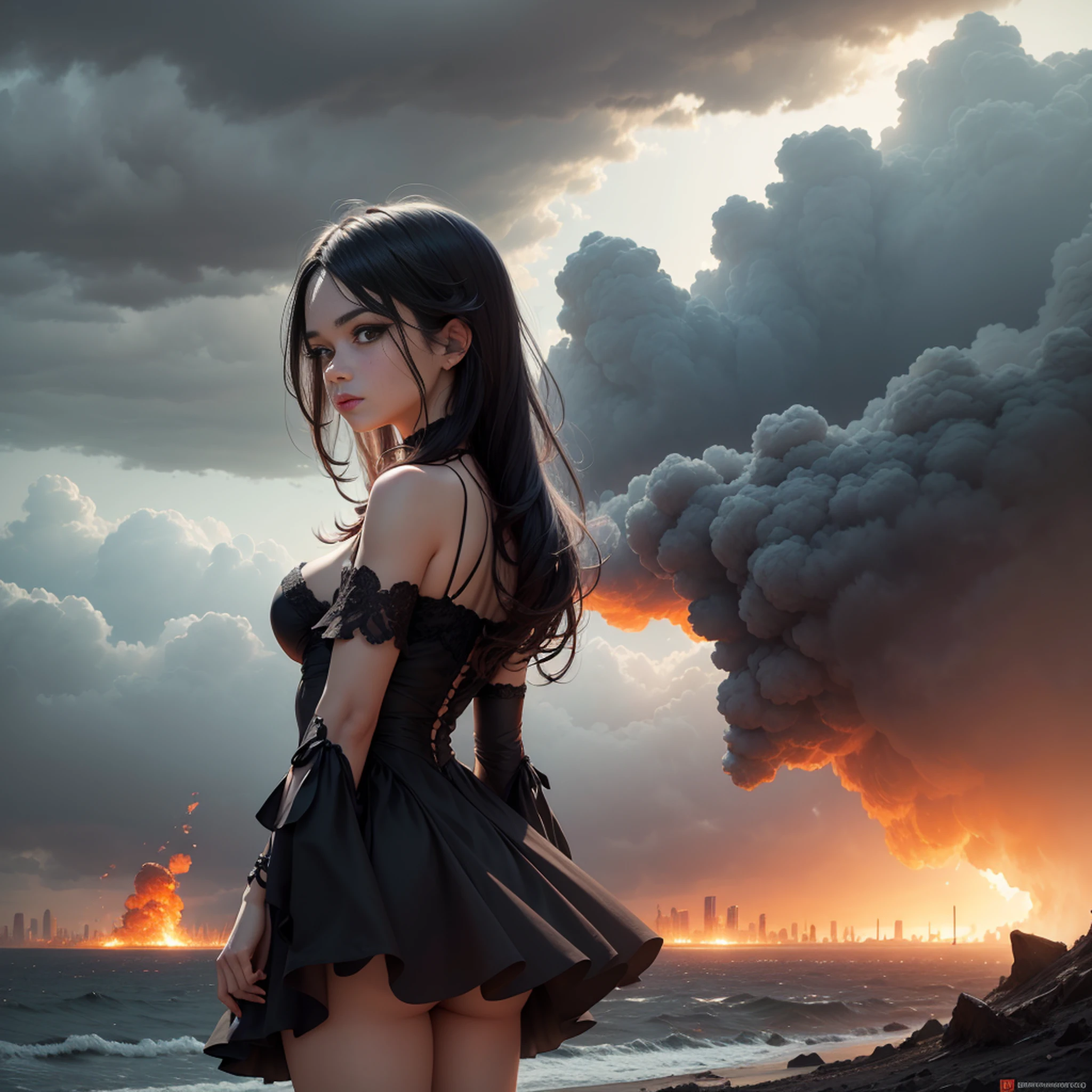 Anjo da morte,asas pegando fogo, destruindo a terra,corpos espalhados, The composition should focus on the goddess in the foreground, emphasizing his facial expression and wings, incorporating a panoramic view that shows the devastated landscape of the city and a stormy sky with distant rays. Melhore a imagem com contrastes que destacam a natureza dual da deusa, and experiment with lighting effects to create a mysterious aura around you. Integrate subtle details of ruined buildings, reflexos de chamas em seus olhos e asas, Swirling smoke, and distant silhouettes of mythical creatures on the horizon. The resolution should be 3000x2000 pixels with a dark color palette, tons dessaturados com detalhes em vermelho e laranja intensos. Use a mix of textured and soft brushes for intricate detail and atmospheric effects.