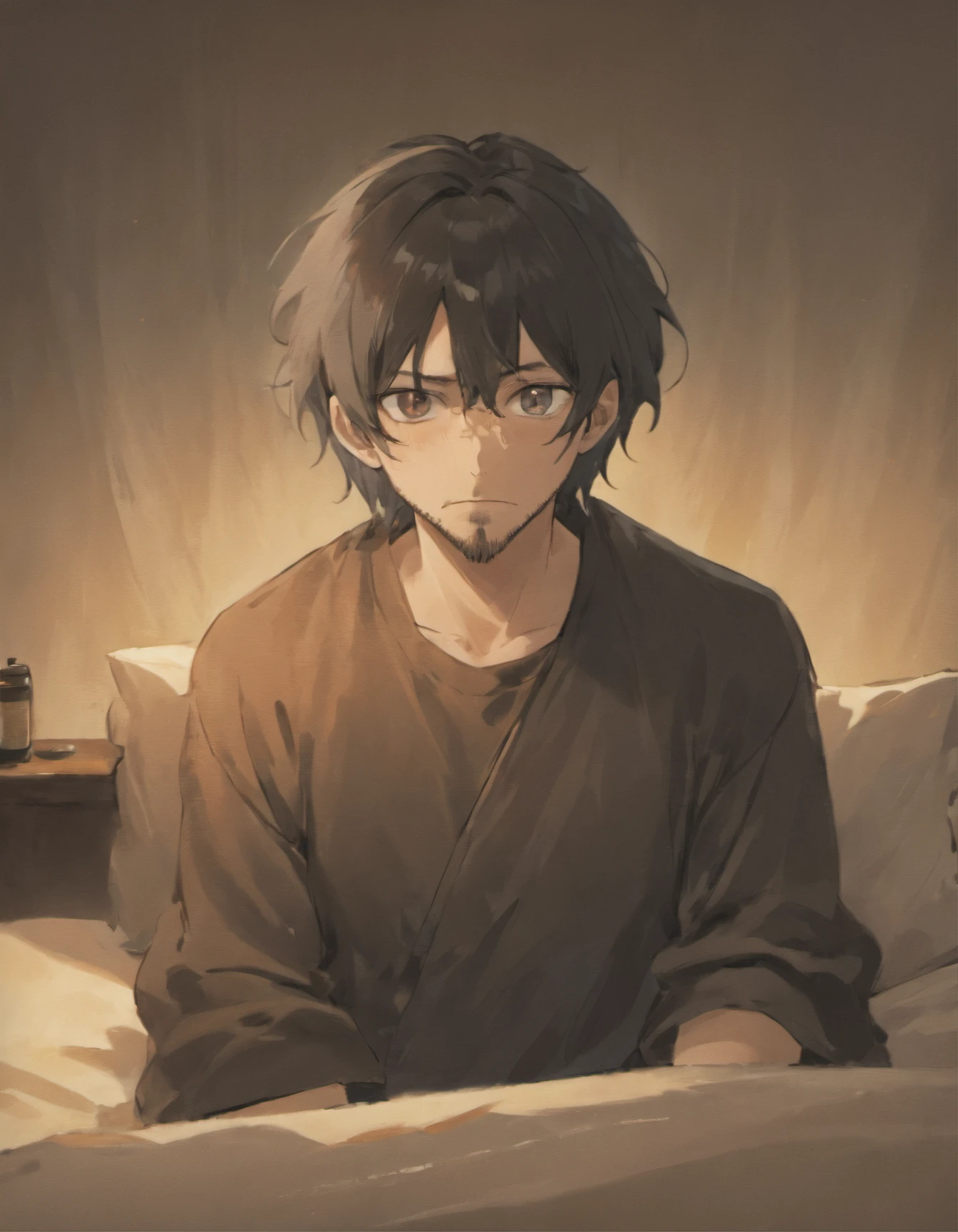 Sad middle aged man. He looks around his mid forties. He has really long black hair and a beard. Hes crying while sitting on his bed in pyjamas. Hes holding a beer bottle. He has eye bags.. Detailed and follows the prompt