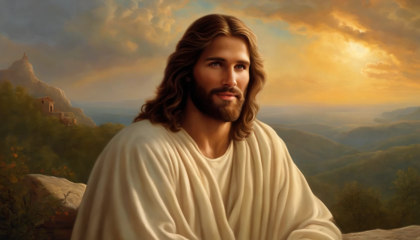 A painting of Jesus with a halo in heaven, Jesus Christ, Smiling in heaven, Portrait of Jesus Christ, Face of Jesus, Young God Almighty, Portrait of a Heavenly God, Greg Olsen, Jesus Gigachad, Jesus of Nazareth, Jesus, The face of God, God looking at me
