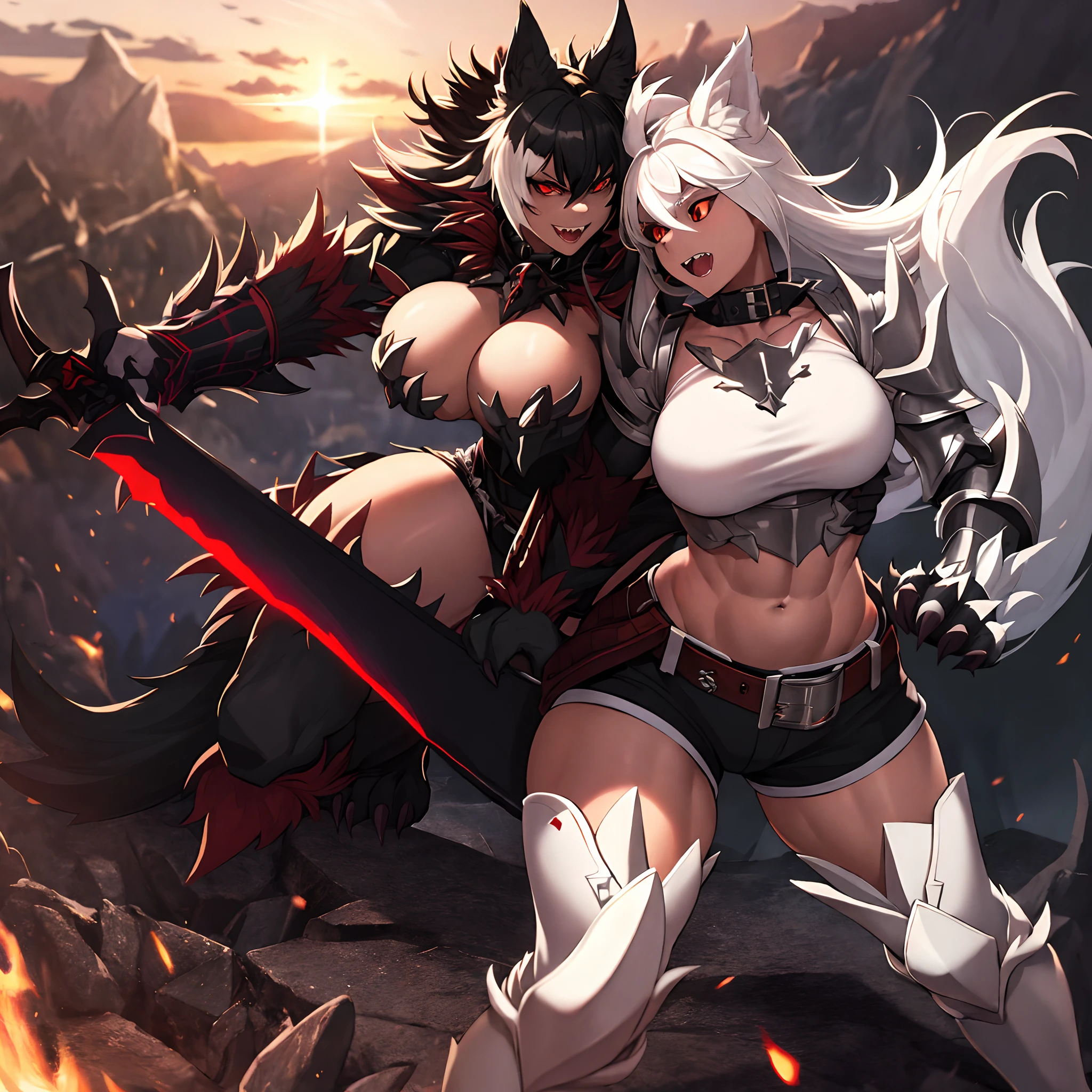 hhmge(masterpiece, best quality),1girl, mature woman, hhmge, monster girl, black sclera, red eyes, white fur, wolf paws, slit pupils, animal hands, white, muscular, white hair, spiked long hair, battle armor, fangs thigh high boots, shorts, giant sword