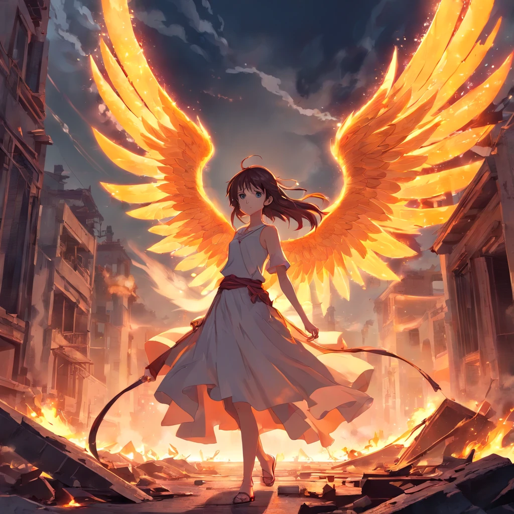 Create an image in a dark, gothic art style depicting a fallen, Malevolent angelic goddess with magnificent wings, lying defeated on the ground in the middle of an apocalyptic city consumed by flames and ruins. The composition should focus on the goddess in the foreground, emphasizing his facial expression and wings, while incorporating a panoramic view that shows the devastated landscape of the city and a stormy sky with distant rays. Melhore a imagem com contrastes que destacam a natureza dual da deusa, and experiment with lighting effects to create a mysterious aura around you. Integrate subtle details of ruined buildings, reflexos de chamas em seus olhos e asas, Swirling smoke, and distant silhouettes of mythical creatures on the horizon. The resolution should be 3000x2000 pixels with a dark color palette, tons dessaturados com detalhes em vermelho e laranja intensos. Use a mix of textured and soft brushes for intricate detail and atmospheric effects. Opt for a slightly low camera angle to emphasize the greatness of the fallen goddess, e empregar soft, diffuse lighting from the side to create shadows and highlights. Simulate a wide-angle lens for a panoramic effect, and consider applying a light grain filter to improve the sandy atmosphere. Avoid portraying any scene of hope, renewal, or heavenly intervention. Exclude any elements that imply restoration or assistance to the fallen goddess.