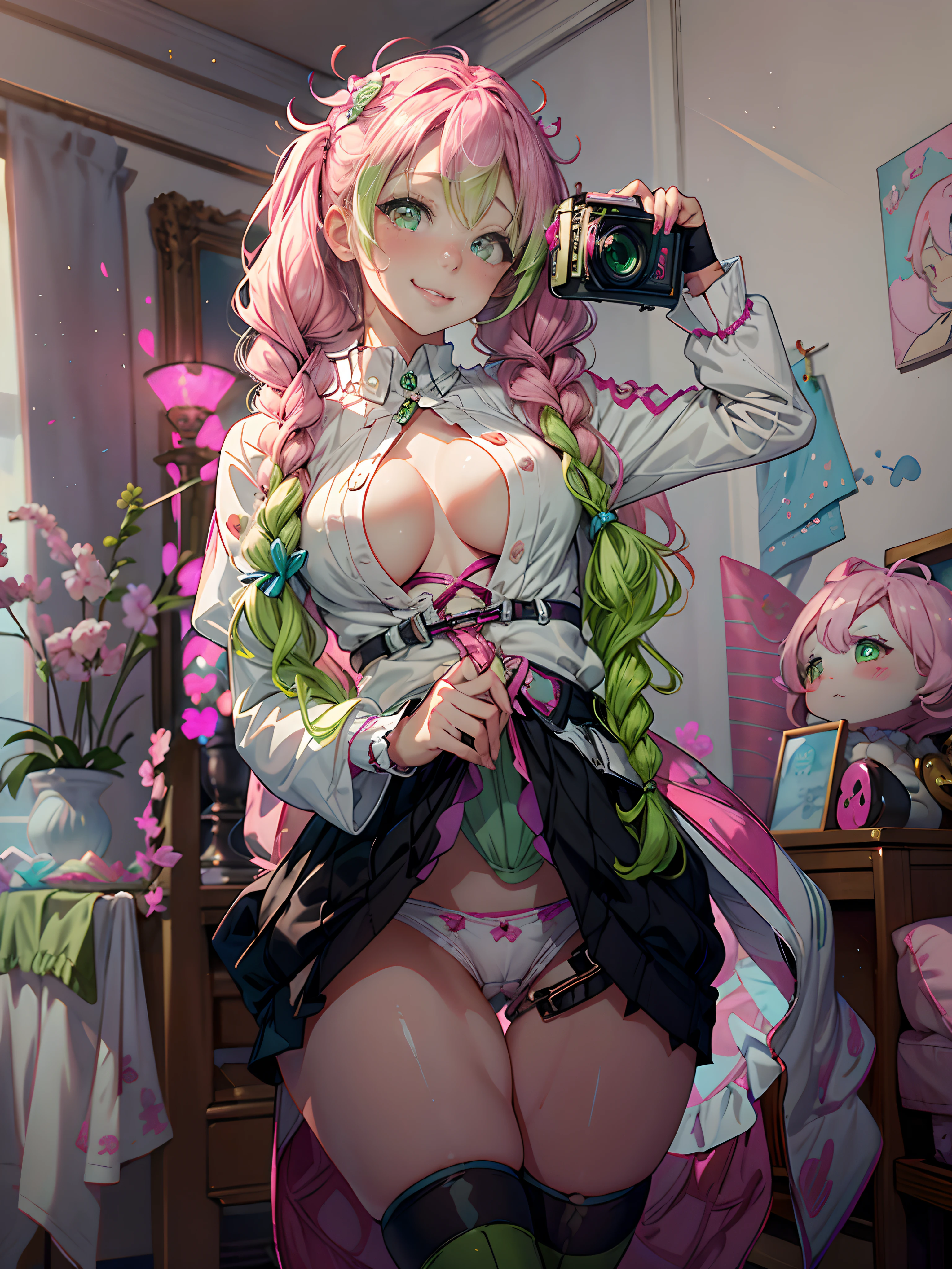 there is a woman with pink hair and a green and white jacket, colorful pigtail, pink twintail hair and cyan eyes, cosplay, small curvy , anime girl cosplay, full-cosplay, y 2 k cutecore clowncore, decora inspired, pigtail, draped in fleshy green and pink, lolink white and green,((masterpiece)),((best quality)),((ultra-detailed)),(8k),((wallpaper)),((extremely detailed cg)),(RAW photo:1.2),beautiful,,mid breasts,sexy smile,lovely eyes,,shiny skin, shiny body, grabbing a camera in her hand,perfect hands, detailed hands, Nice hands,(((seductive smile tightening the lip))),((vagina highlighted in the panties)),(seductive smile),(((biting her lip un a sensual way))),Perfect eyes, detailed eyes,Nice eyes,lewd smile,