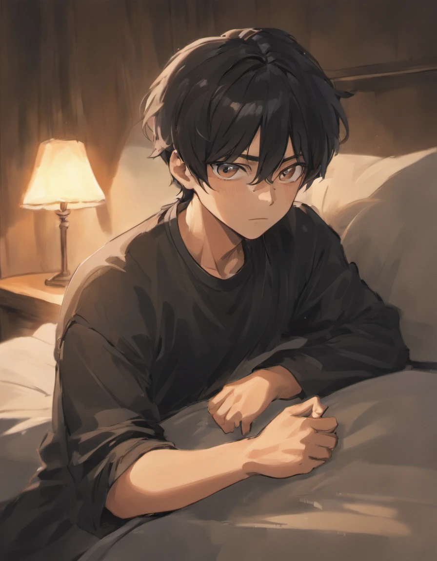 Sad middle aged man. He looks around his mid forties. He has really long black hair and a beard. Hes crying while sitting on his bed in pyjamas. Hes holding a beer bottle. He has eye bags.. Detailed and follows the prompt. Anime styled