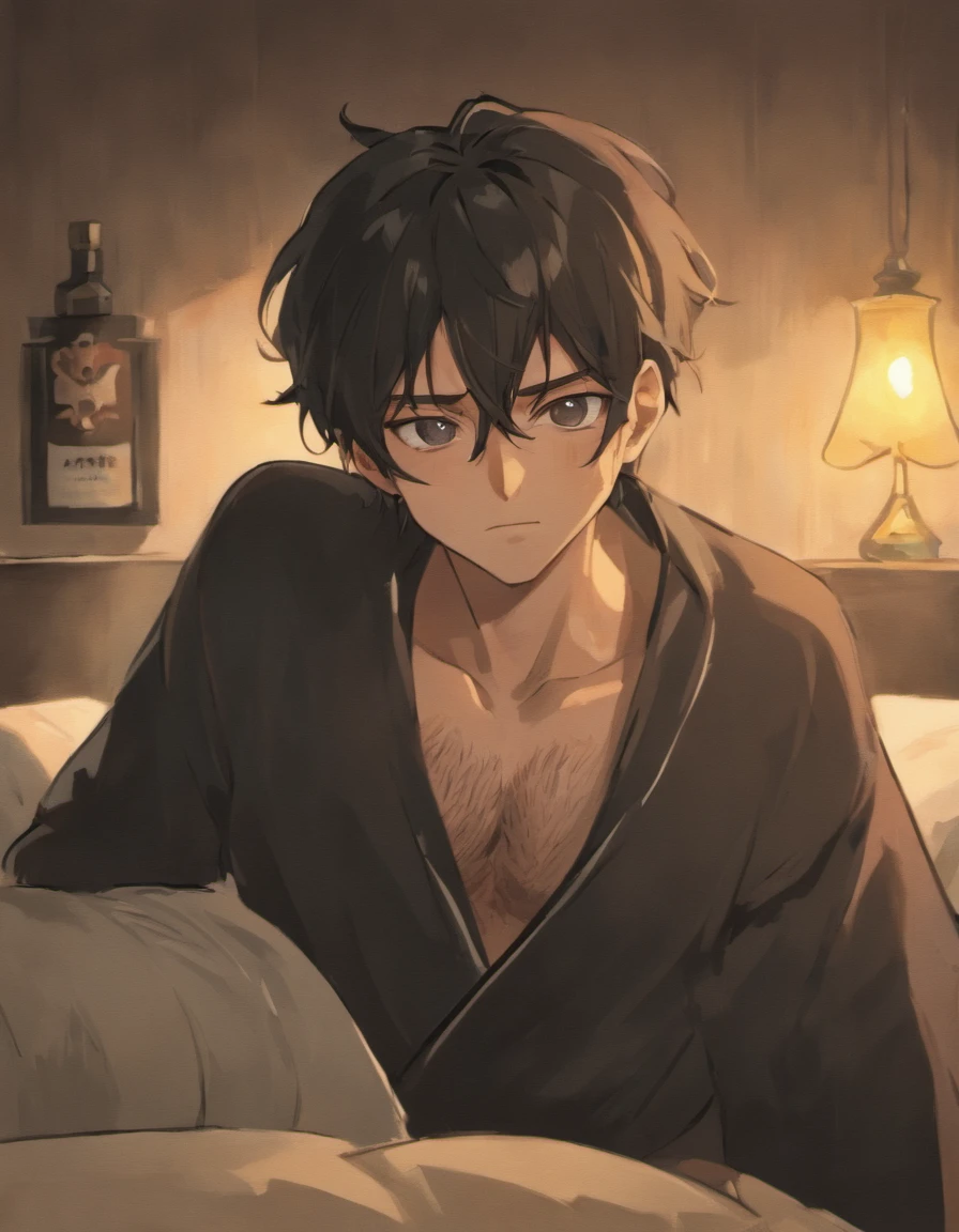 Sad middle aged man. He looks around his mid forties. He has really long black hair and a beard. Hes crying while sitting on his bed in pyjamas. Hes holding a beer bottle. He has eye bags.. Detailed and follows the prompt. Anime styled
