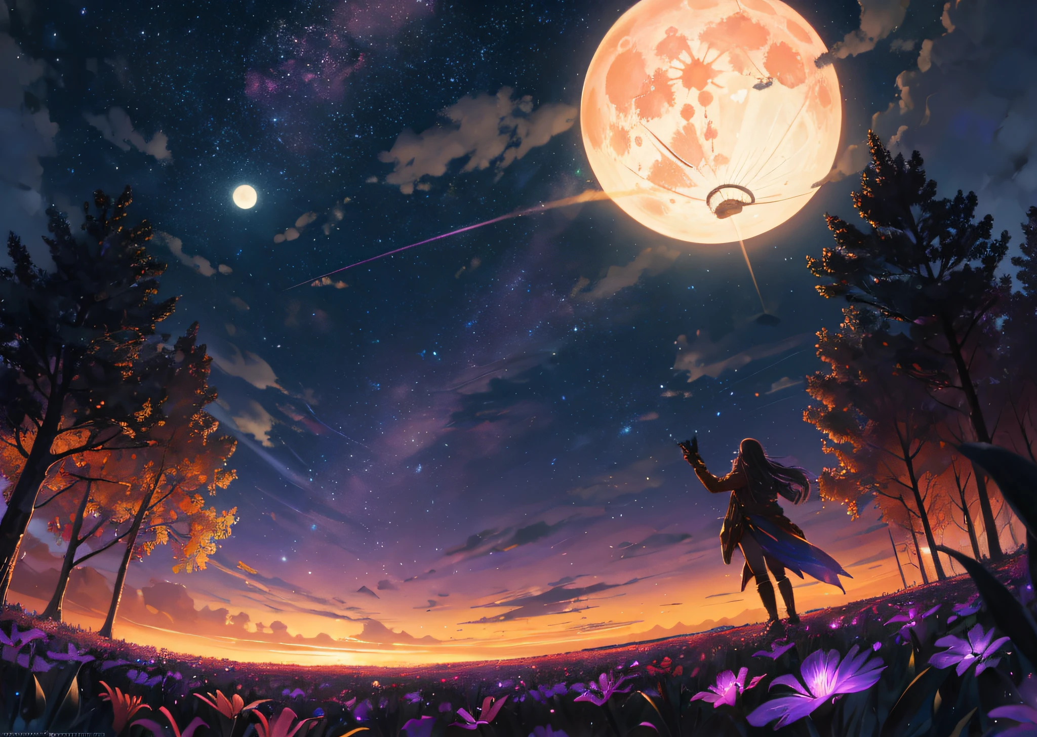 expansive landscape photograph , (a view from below that shows sky above and open field below), a girl standing on flower field looking up, (full moon:1.2), ( shooting stars:0.9), (nebula:1.3), distant mountain, tree BREAK
production art, (warm light source:1.2), (Firefly:1.2), lamp, lot of purple and orange, intricate details, volumetric lighting, realism BREAK
(masterpiece:1.2), (best quality), 4k, ultra-detailed, (dynamic composition:1.4), highly detailed, colorful details,( iridescent colors:1.2), (glowing lighting, atmospheric lighting), dreamy, magical, (solo:1.2)