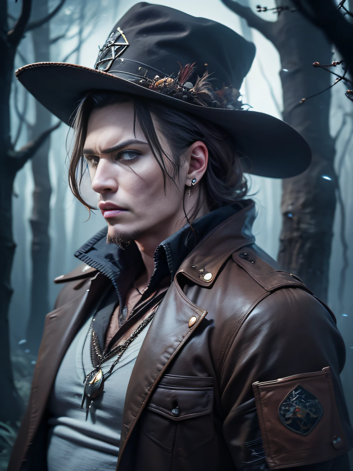 35-year-old man,a handsome,woods, It's dark night, Roasted game, Undead Hunter, Serious, Johnny Depp (A detailed eye:1.3),BazleColor Eye,full bodyesbian