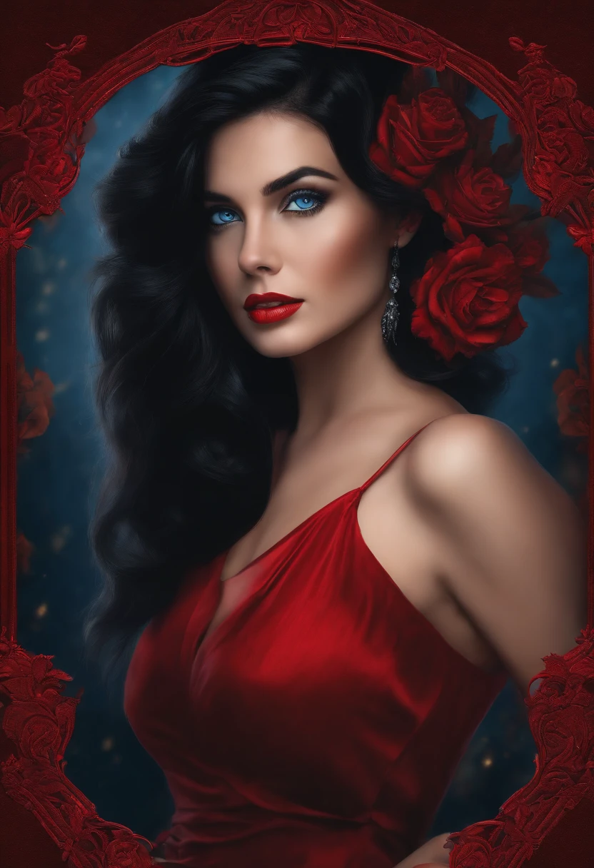 beautful woman with black hair and blue eyes, sexy girl with a red shirt