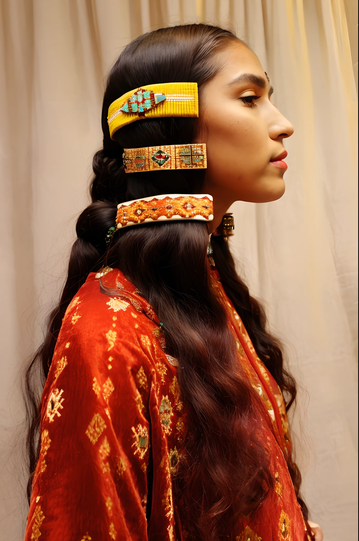 arafed woman with a pair of hair clips on her head, wearing a native american choker, native rich jewelry, by Pamela Ascherson, traditional female hairstyles, long chin, hair ornaments, aztec hair, ornate hair, by Anna Haifisch, head piece, elaborate long hairstyle, by Susan Heidi, by Nathalie Rattner, by Caroline Gotch