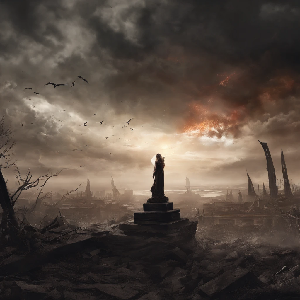 Create an image in a dark, gothic art style depicting a fallen, Malevolent angelic goddess with magnificent wings, lying defeated on the ground in the middle of an apocalyptic city consumed by flames and ruins. The composition should focus on the goddess in the foreground, emphasizing his facial expression and wings, while incorporating a panoramic view that shows the devastated landscape of the city and a stormy sky with distant rays. Melhore a imagem com contrastes que destacam a natureza dual da deusa, and experiment with lighting effects to create a mysterious aura around you. Integrate subtle details of ruined buildings, reflexos de chamas em seus olhos e asas, Swirling smoke, and distant silhouettes of mythical creatures on the horizon. The resolution should be 3000x2000 pixels with a dark color palette, tons dessaturados com detalhes em vermelho e laranja intensos. Use a mix of textured and soft brushes for intricate detail and atmospheric effects. Opt for a slightly low camera angle to emphasize the greatness of the fallen goddess, e empregar soft, diffuse lighting from the side to create shadows and highlights. Simulate a wide-angle lens for a panoramic effect, and consider applying a light grain filter to improve the sandy atmosphere. Avoid portraying any scene of hope, renewal, or heavenly intervention. Exclude any elements that imply restoration or assistance to the fallen goddess.