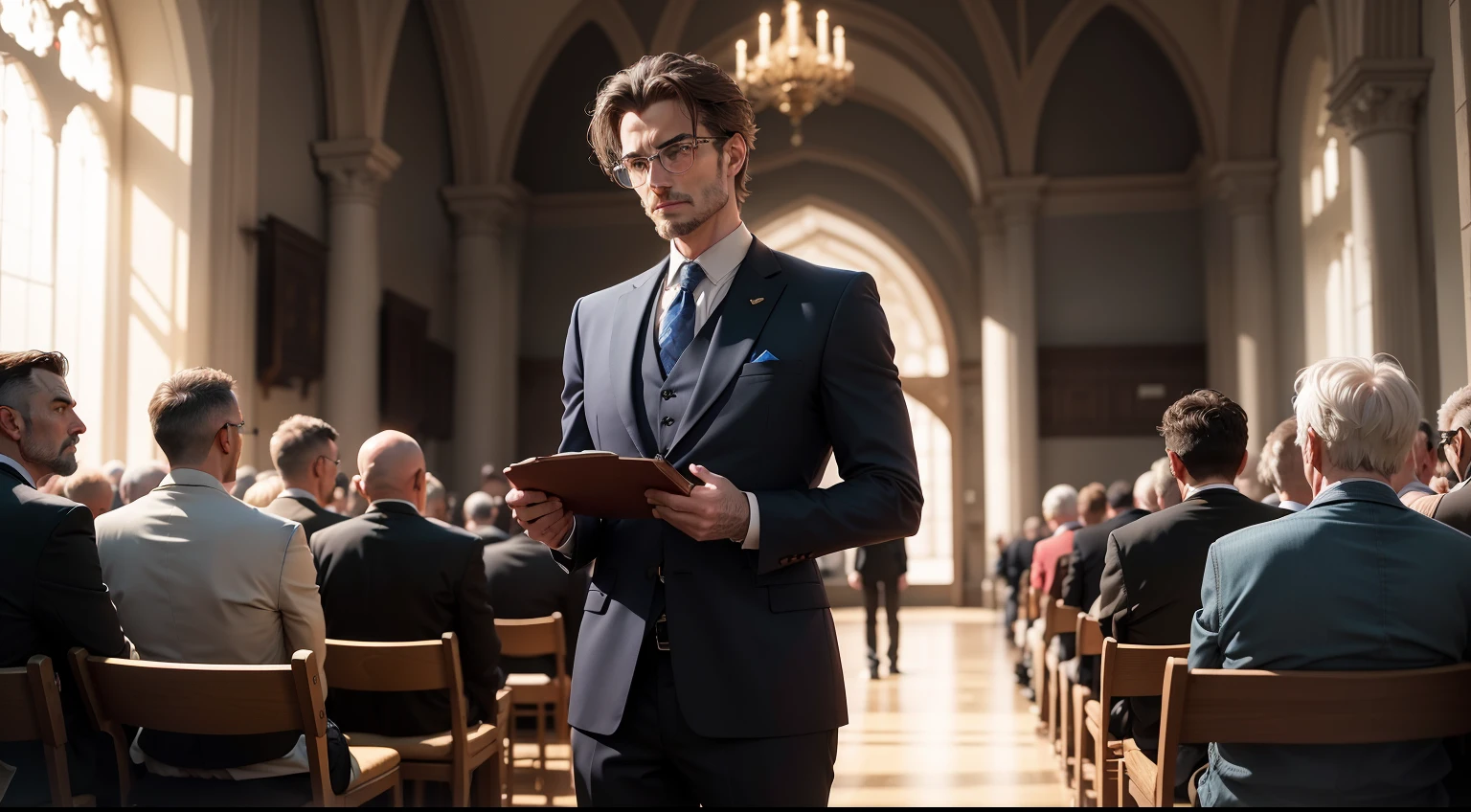 In a tastefully decorated event hall filled with an atmosphere of unity and inclusivity, a distinguished gentleman named James, standing at a height of 5 feet 8 inches and aged 55, stands confidently at a lectern, bathed in soft, warm lighting. His salt-and-pepper hair, streaked with shades of dark brown, adds character to his appearance. With a square jawline and piercing blue eyes, he exudes an air of wisdom and kindness that immediately captures the attention of the audience.

As James begins to speak, his voice resonates throughout the hall, carrying the weight of his message of hope and resilience. The backdrop behind him features symbols of faith and unity, subtly illuminated, creating an ambiance of reverence and respect. The gathered crowd listens attentively, their faces bathed in the gentle, golden glow of the surrounding lights, reflecting the emotions stirred by James's words.