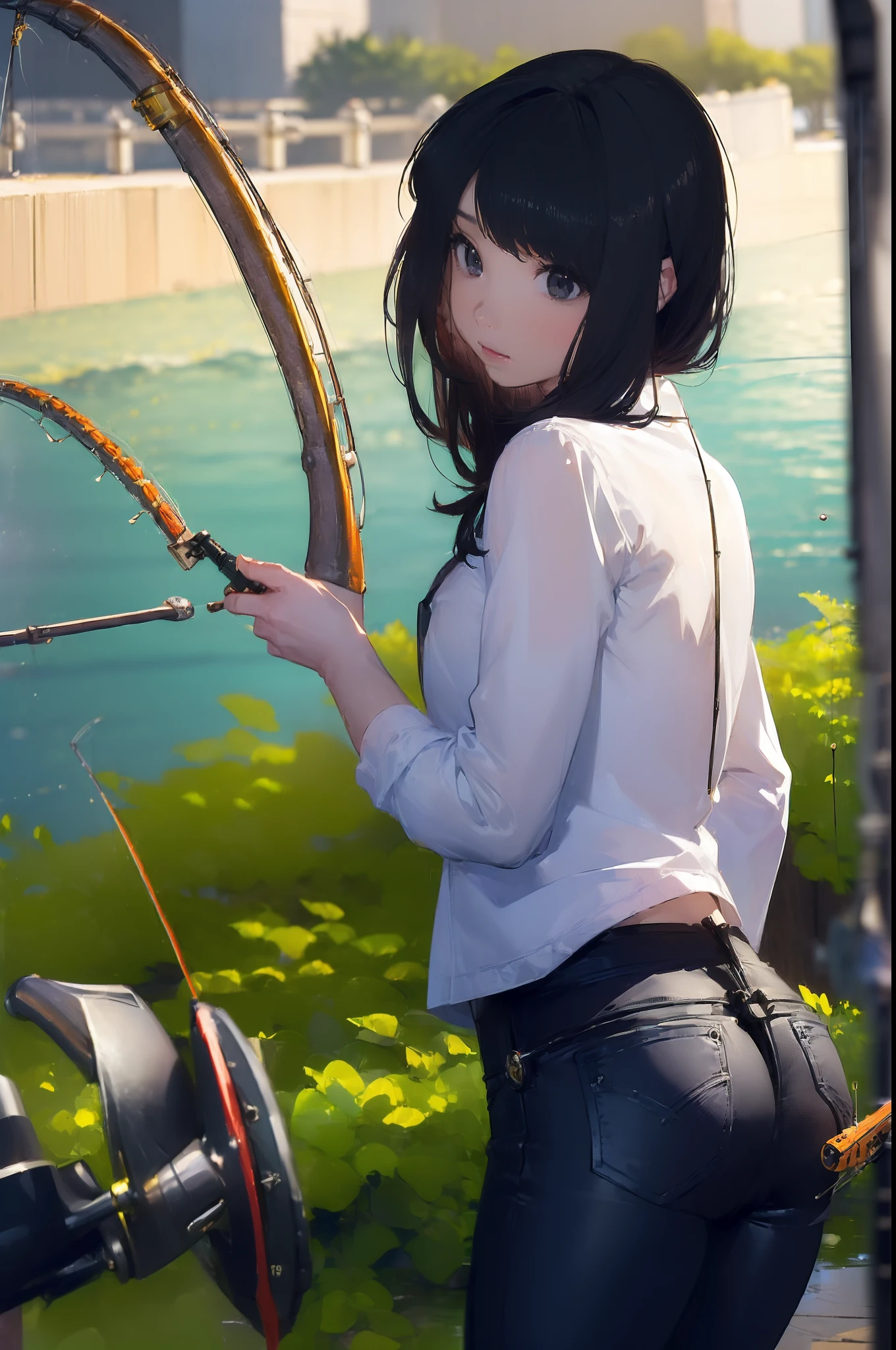 ((((Have fishing rod with a reel:1.5)))),((Female 28 years old)),((Best Quality:1.5)),(((Hands with the correct number and structure of fingers:1.4))),((lakeside:1.37)),hight resolution,ultra-detailliert,masterpiece,best qualtiy,(Eight-headed body),Black hair, long eyeslashes, Solid Circle Eyes, drop shadow, Atmospheric perspective,Super Detail, ccurate, small brest,(Black jacket and black jeans :1.1),top-quality, blurry backround, bokeh dof:1.2, (masterpiece:1.3), Atmospheric perspective,Super Detail,dynamic compositions,Superb, Ultra High Quality,