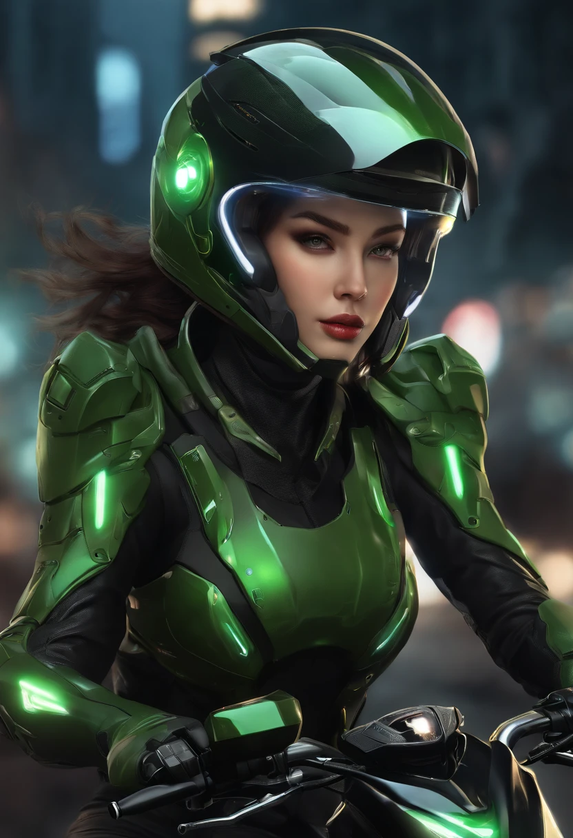 Highest image quality, outstanding details, ultra-high resolution, (realism: 1.4), the best illustration, favor details, highly condensed 1girl, with a delicate and beautiful face, dressed in a black and green mecha, wearing a mecha helmet, holding a directional controller, riding on a motorcycle, the background is a high-tech lighting scene of the future city.