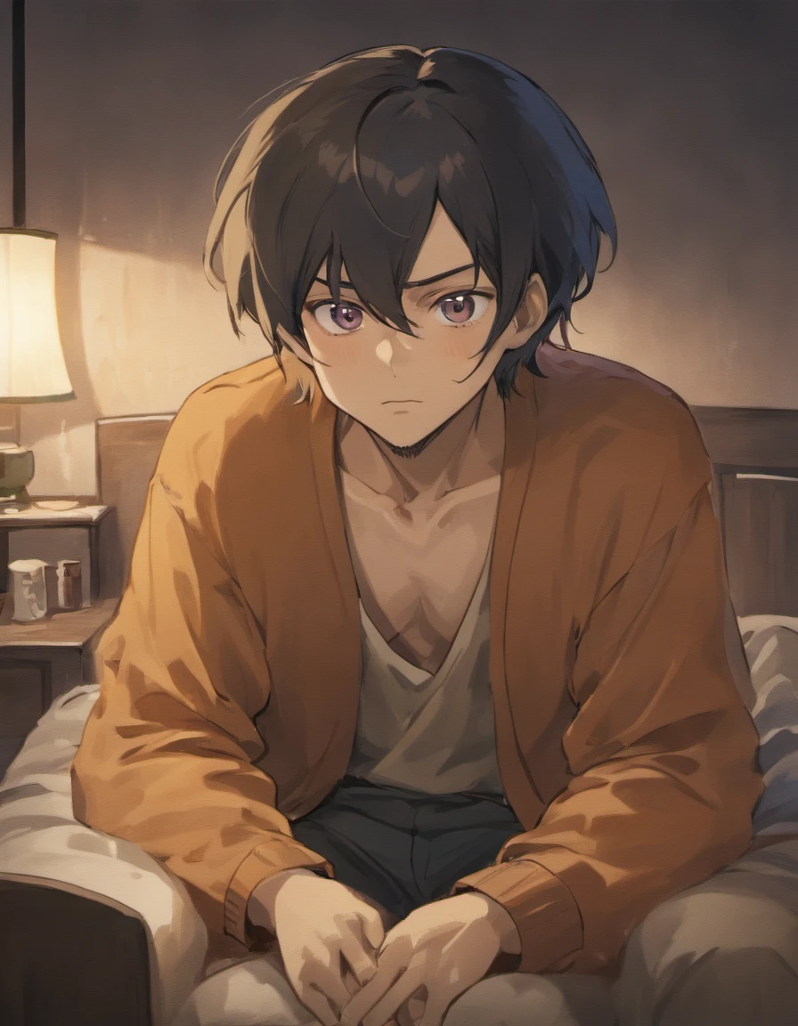 Sad middle aged man. He looks around his mid forties. He has really long black hair and a beard. Hes crying while sitting on his bed in pyjamas. Hes holding a beer bottle. He has eye bags.. Detailed and follows the prompt. Anime styled. Photorealistic style. 8k resolution. Very detailed.