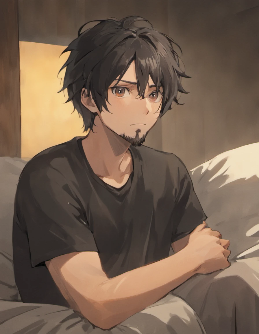 Sad middle aged man. He looks around his mid forties. He has really long black hair and a beard. Hes crying while sitting on his bed in pyjamas. Hes holding a beer bottle. He has eye bags.. Detailed and follows the prompt. Anime styled. Photorealistic style. 8k resolution. Very detailed.
