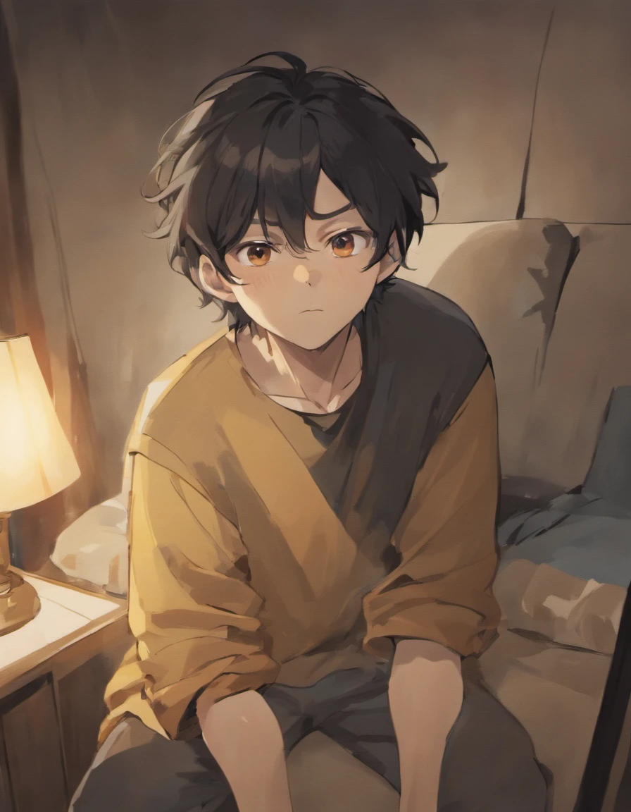 Sad middle aged man. He looks around his mid forties. He has really long black hair and a beard. Hes crying while sitting on his bed in pyjamas. Hes holding a beer bottle. He has eye bags.. Detailed and follows the prompt. Anime styled. Photorealistic style. 8k resolution. Very detailed.