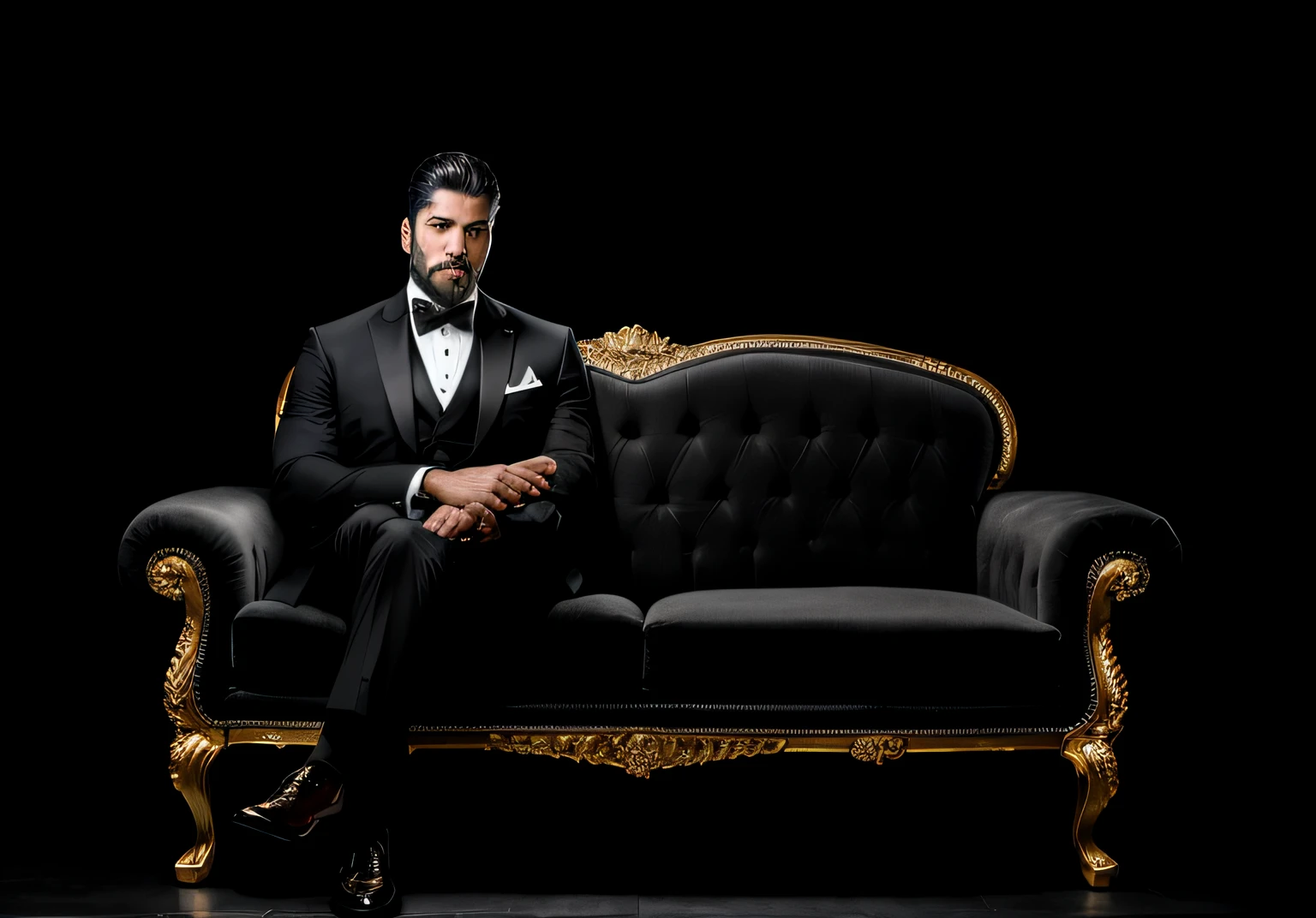 HOMBRE CON TRAJE NEGRO EN UN SILLON DE CUERO oscuro sentado: Epopeya realista, Soft cinematic portrait, Adobe Lightroom, Photo Lab, Altamente detallado, descolorido, (Colores neutros: 1.2), (HDR: 1.4) , (colores suaves:1.2), hiperdetallado, (Artstation:1.4), Kinematic, warm lights, dramatic light, (Detalles intrincados:1.1)