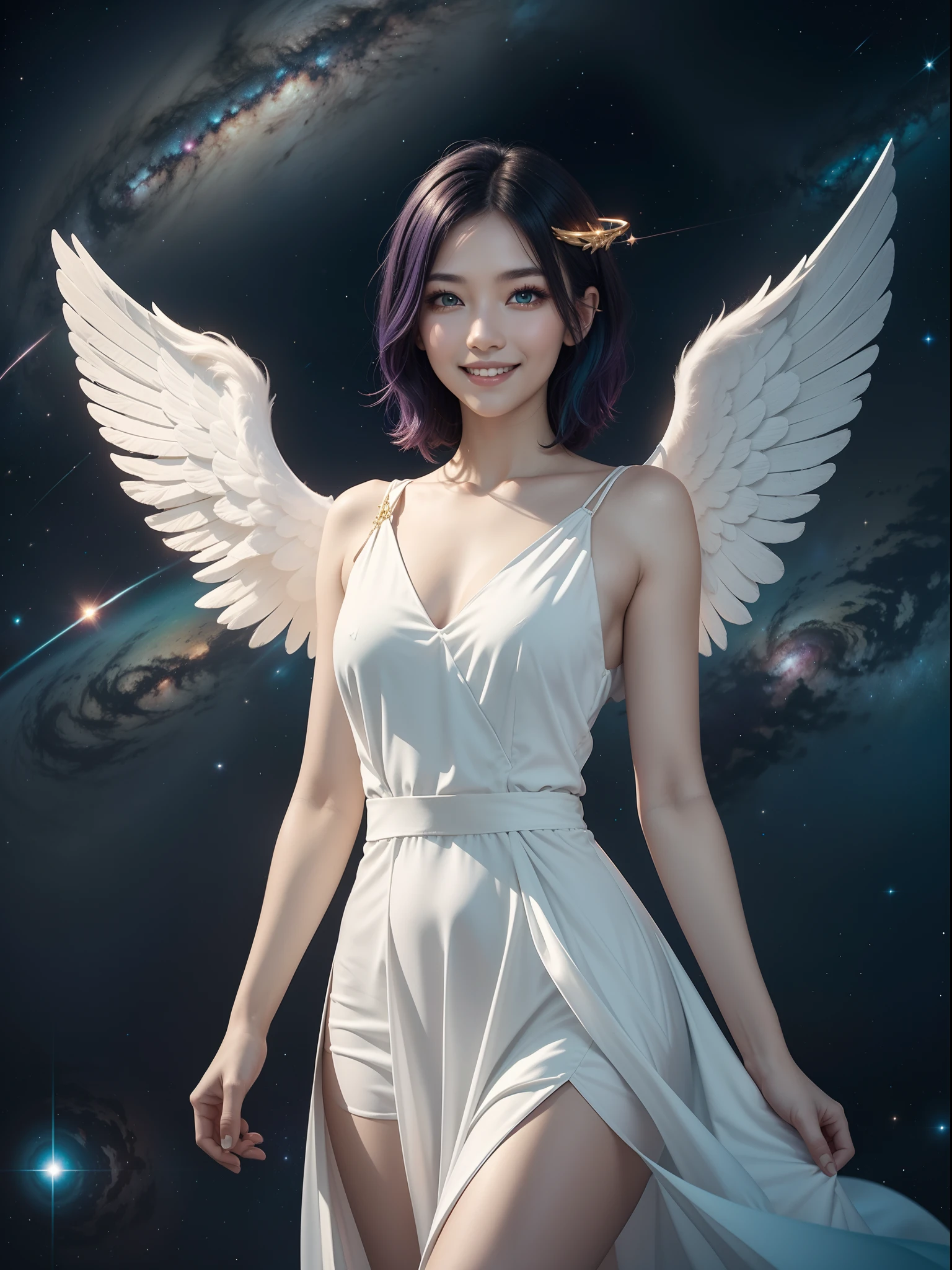 a woman, teal hair, red eyes, smile, angel wings, golden halo, white dress, standing upright, in outer space, Milky Way in the background, stars in the distance, upper body