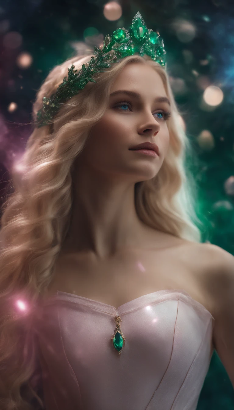 RAW, professional photograph, movie photograph, medium shot, Female elf, young elf, goddess elf, emerald crown, white dress, see-through floating in the middle of the space, in front of pink galaxy, athletic body, soft facial features, long hair, straight hair, blonde hair, blue eyes, Realism, hyperrealism, ray tracing, high details, super detail, UHD, 8k