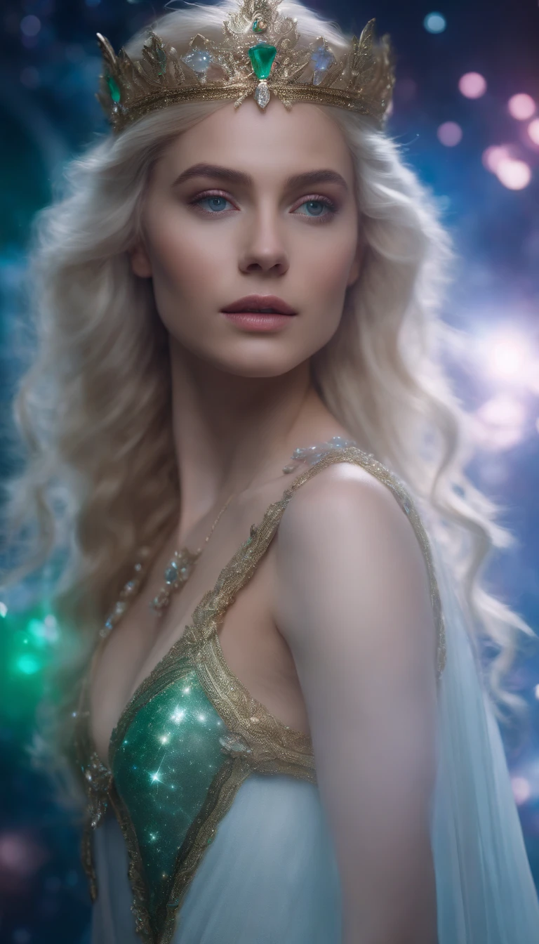 RAW, professional photograph, movie photograph, medium shot, Female elf, young elf, goddess elf, emerald crown, white dress, see-through floating in the middle of the space, in front of pink galaxy, athletic body, soft facial features, long hair, straight hair, blonde hair, blue eyes, Realism, hyperrealism, ray tracing, high details, super detail, UHD, 8k
