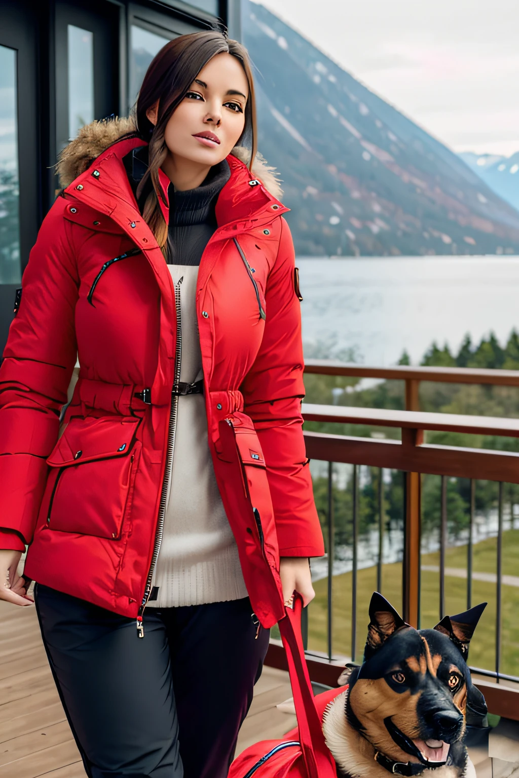 Make a woman with big breast, Red long winterjacket , with open zipper, with face, body, Lakeside house, travel bag, black pants, dog