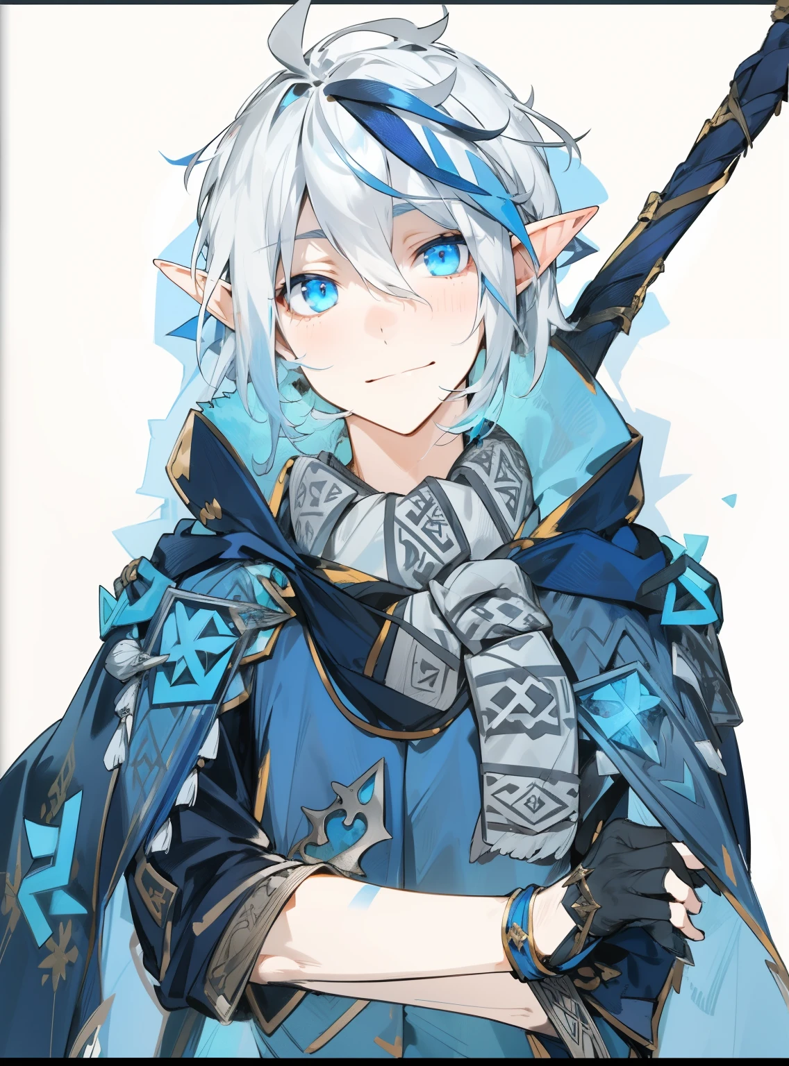 male elf, white hair with a blue streak, wears a hooded cloak with magical runes written on it, a white and gray scarf, and holds in one hand a dagger with runes