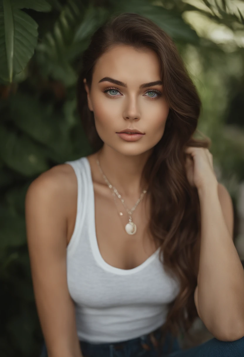 Highest image quality, outstanding details, ultra-high resolution, (realism: 1.4) woman with a white tank top and a necklace, sexy girl with green eyes, portrait sophie mudd, brown hair and large eyes, selfie of a young woman, bedroom eyes, violet myers, without makeup, natural makeup, looking directly at the camera, face with artgram, subtle makeup, stunning full body shot, piercing green eyes
