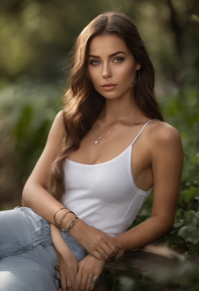 Highest image quality, outstanding details, ultra-high resolution, (realism: 1.4) woman with a white tank top and a necklace, sexy girl with green eyes, portrait sophie mudd, brown hair and large eyes, selfie of a young woman, bedroom eyes, violet myers, without makeup, natural makeup, looking directly at the camera, face with artgram, subtle makeup, stunning full body shot, piercing green eyes