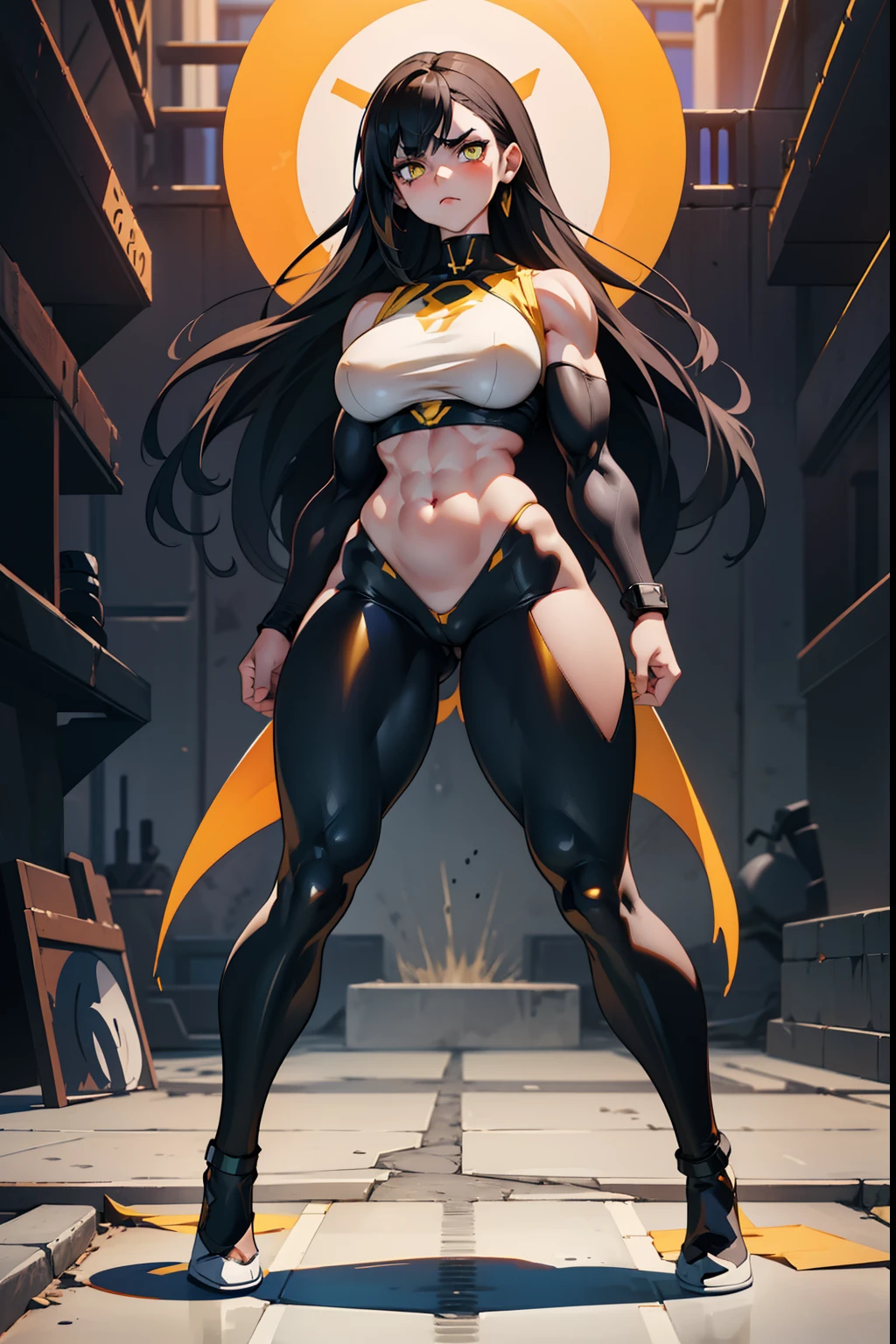 (1 girl), pale skin, black hair, yellow eyes, navel, ((((muscular)))), (large breasts), (wide hips), (curvy), (thick thighs), (full bodysuit), concrete wall, extremely long hair, angry