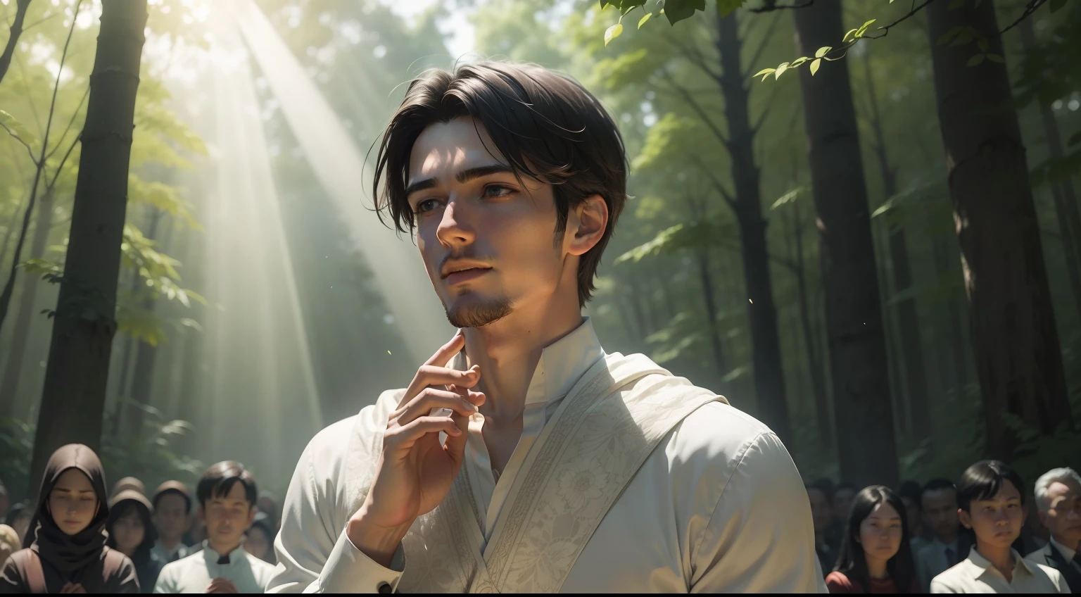 In the midst of a serene outdoor setting, bathed in soft, diffused sunlight, James, with a compassionate expression on his face, extends his hand outward towards the audience. The timeless and universal nature of his message is accentuated by the tranquil surroundings.
Surrounded by the beauty of nature, tall trees sway gently in the breeze, their leaves rustling softly as if in harmony with James's words. The sunlight filters through the leaves, creating a dappled pattern of light and shadow, casting a warm and comforting glow over the gathering.
As James speaks, the connection between his message of hope and the natural world becomes evident. His outstretched hand symbolizes the act of sharing not just words but also a profound sense of unity with the world around him. The audience, captivated by the synergy between his message and the surroundings, listens intently, feeling inspired by the sense of hope and resilience that permeates the scene.