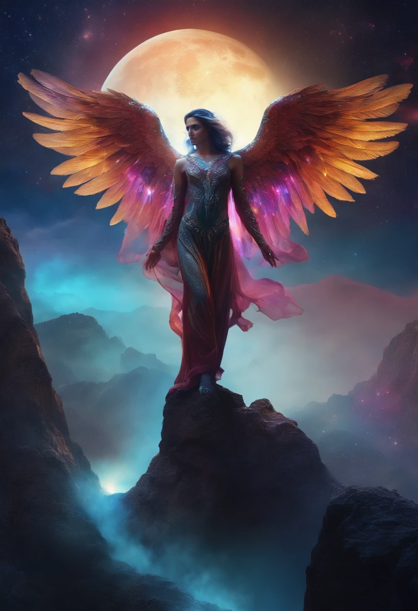 Cosmic fallen angel with bright eyes, Biomechanical, on top of a mountain with a mix of very bright colors, under the moonlight with particles of light, brillantes, sortant de ses mains