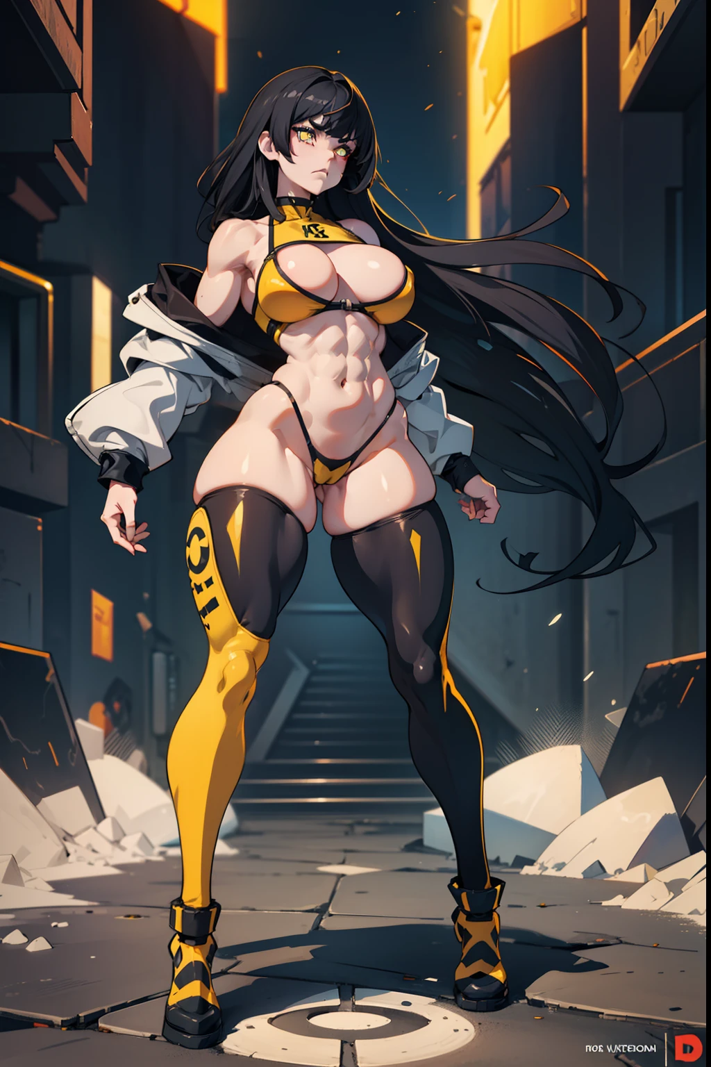 (1 girl), pale skin, black hair, yellow eyes, navel, ((((muscular)))), (large breasts), (wide hips), (curvy), (thick thighs), (full bodysuit), concrete wall, extremely long hair, angry