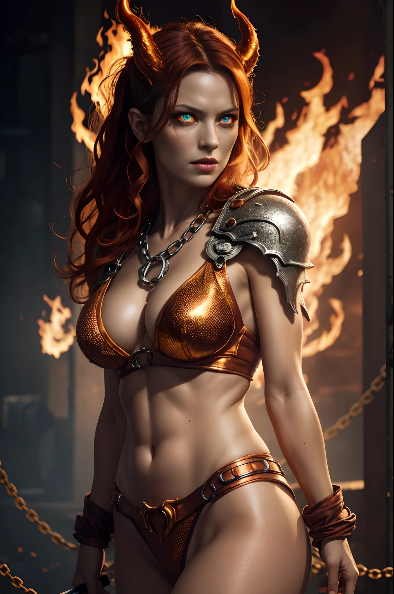 (Beautiful mature female (perfect face) demon), (Milla Jovovich:0.3), horns, tail, joyful, pale skin, (chain mail bikin), wreathed in fire, (fiery eyes:1.5), fit athletic body, temptation, taking your soul, hellscape background, tortured souls, hordes of hell in the distance, (masterpiece), (photorealistic:1.4), RAW photo, best quality, high res, rich colors, backlight, bright sunlight, cinematic lighting, film grain, raw photo, 50mm lens, Nikon D850, warm colors, sweaty