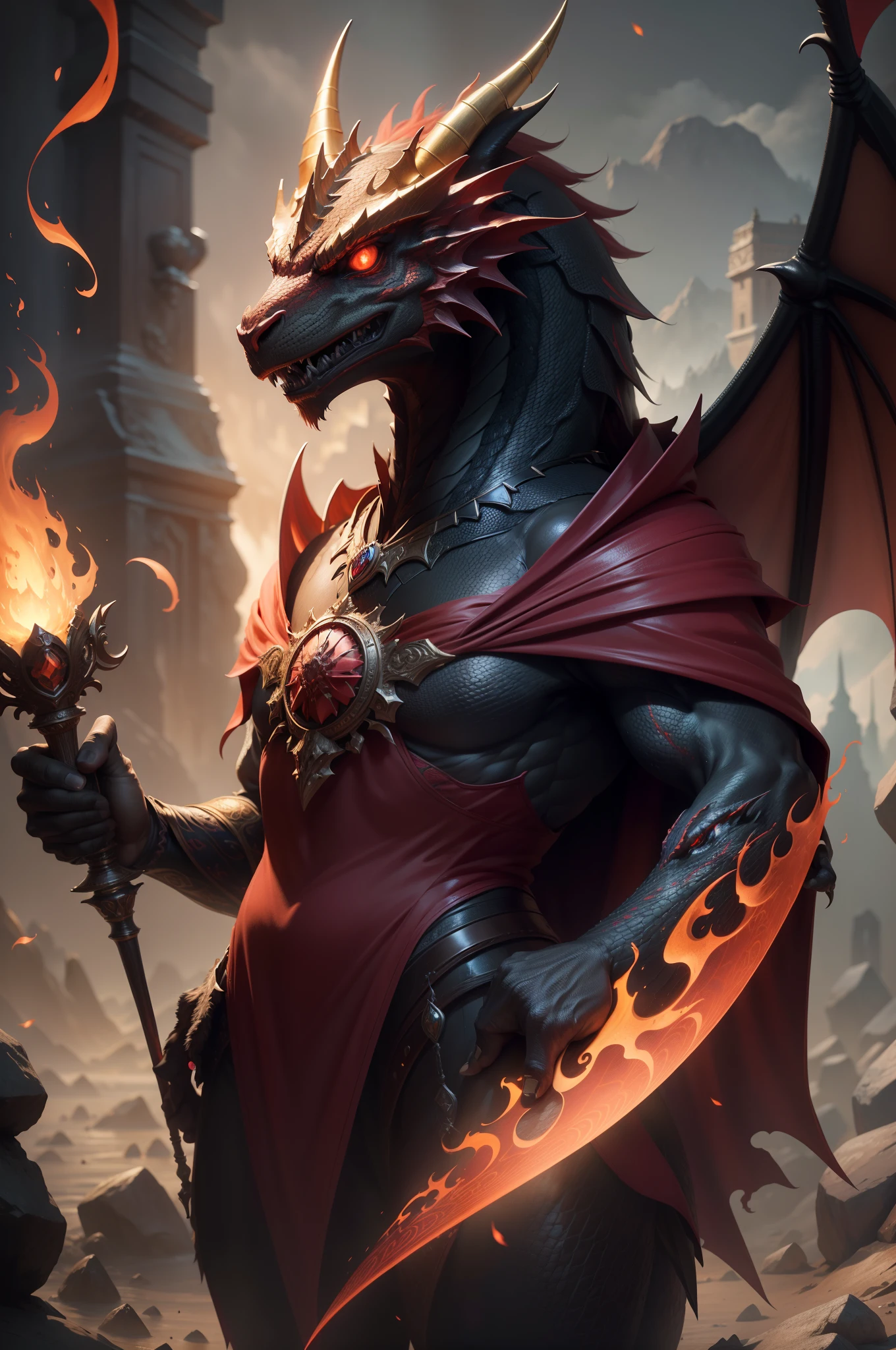 anthromorphic dragon, crimson scales, large expressive eyes, black and red robes, vibrant flame-themed robes, fiery breath, carries a staff adorned with a roaring dragon's head, pristine, rpg, hi res, 4k, 8k, 16k, ultrahd, realisitic, photon mapping, radiosity, cinematic lighting, sharp focus, best quality, volumetric lighting, volumetric light, concept art, path tracing. warm colors, (RAW photo., best quality), (realistic, Realistic: 1.3), NVIDIA RTX Ray Tracing, octan render, high-resolution, beautiful, Awesome, finely and highly detailed, masterpiece, ultra-detailed, High, (best illustration), (best shadow), intricate, sharp focus, perfect composition, fantasy, intricate, elegant, volumetric mist, 8k UHD, DSLR, high quality, (grain of film: 1.4), Fujifilm XT3, art-station, smooth and sharp focus, detailed